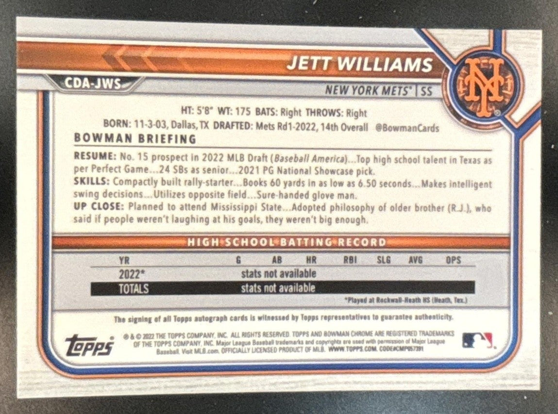 2022 Bowman Draft Jett Williams Chrome Pick Auto #CDA-JWS 1st Prospect Mets - Sports Cards