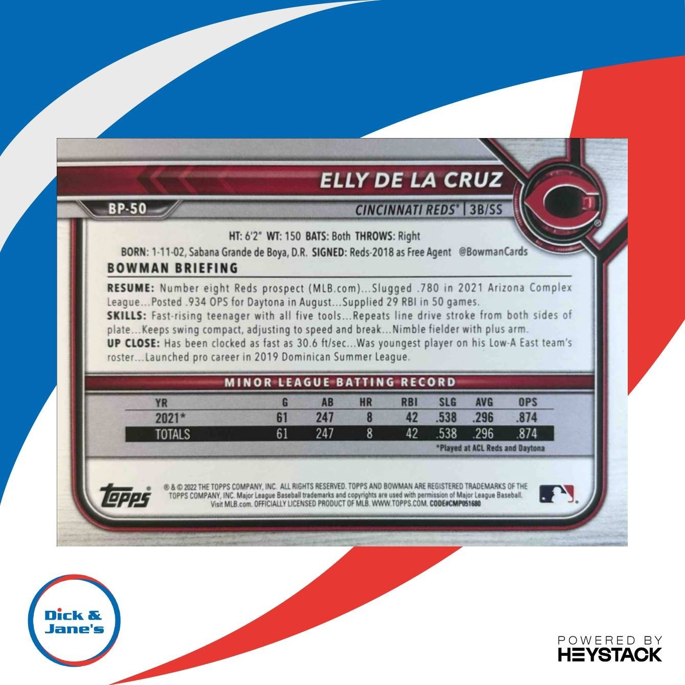 2022 Bowman Elly De La Cruz #BP-50 1st Prospect Cincinnati Reds - Sports Cards