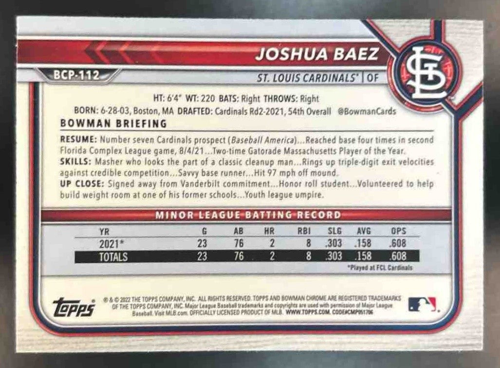 2022 Bowman Joshua Baez Chrome Prospects Atomic #BCP-112 St. Louis Cardinals - Sports Cards