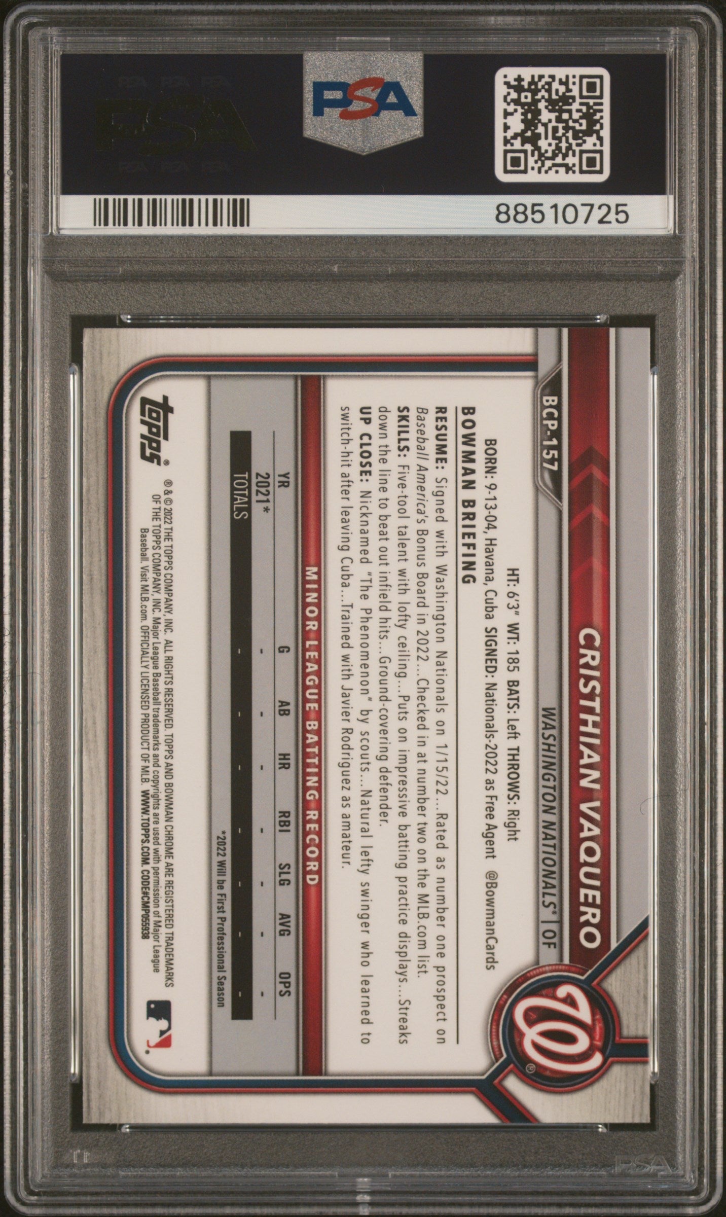 2022 Bowman Mega Box Chrome Cristhian Vaquero #157 PSA 10 - Graded Sports Cards