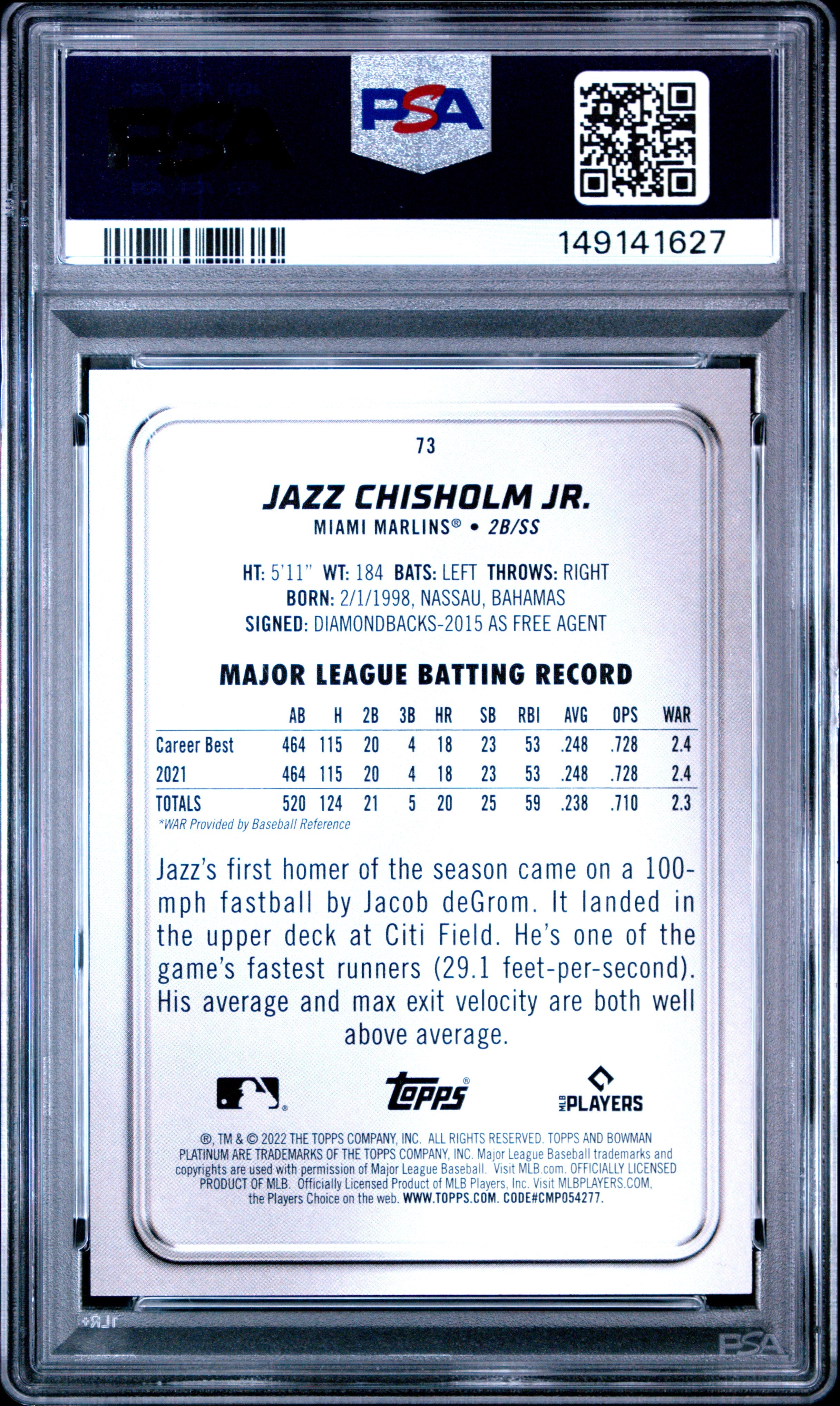 2022 Bowman Platinum Jazz Chisholm JR. Orange #73 PSA 10 GEM MINT Miami Marlins - Graded Sports Cards