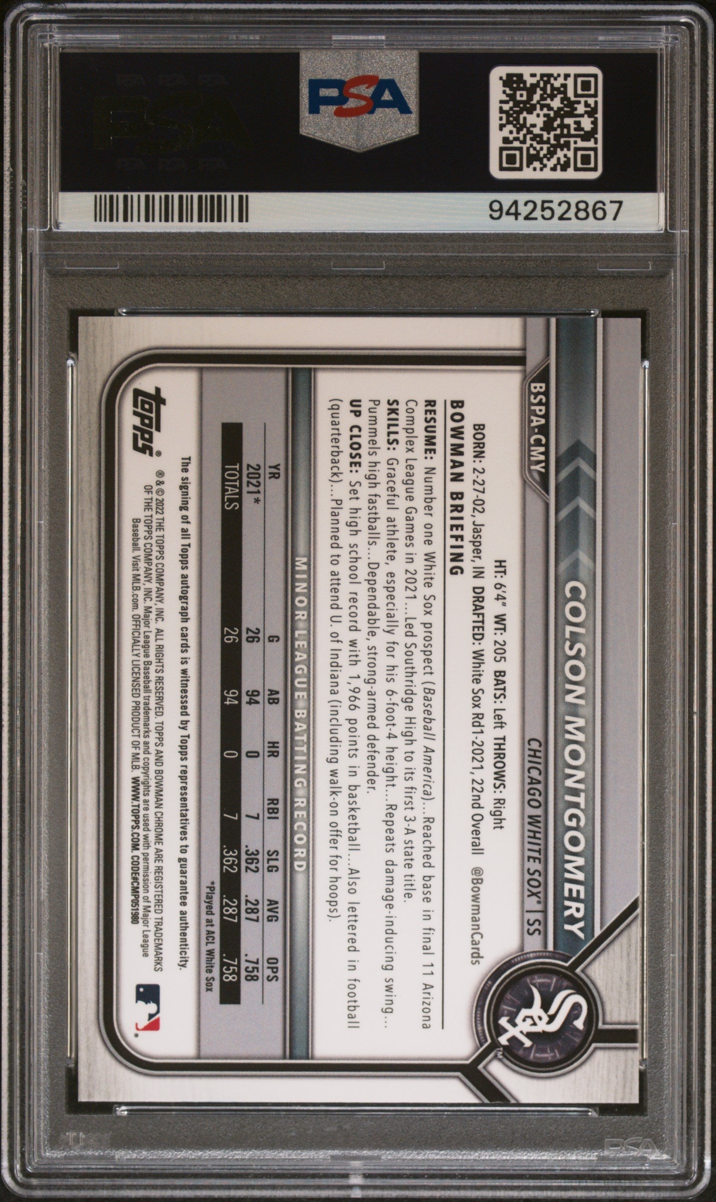 2022 Bowman Sapphire Edition Chrome Prospect Autographs Colson Montgomery PSA 10 Graded Sports Cards