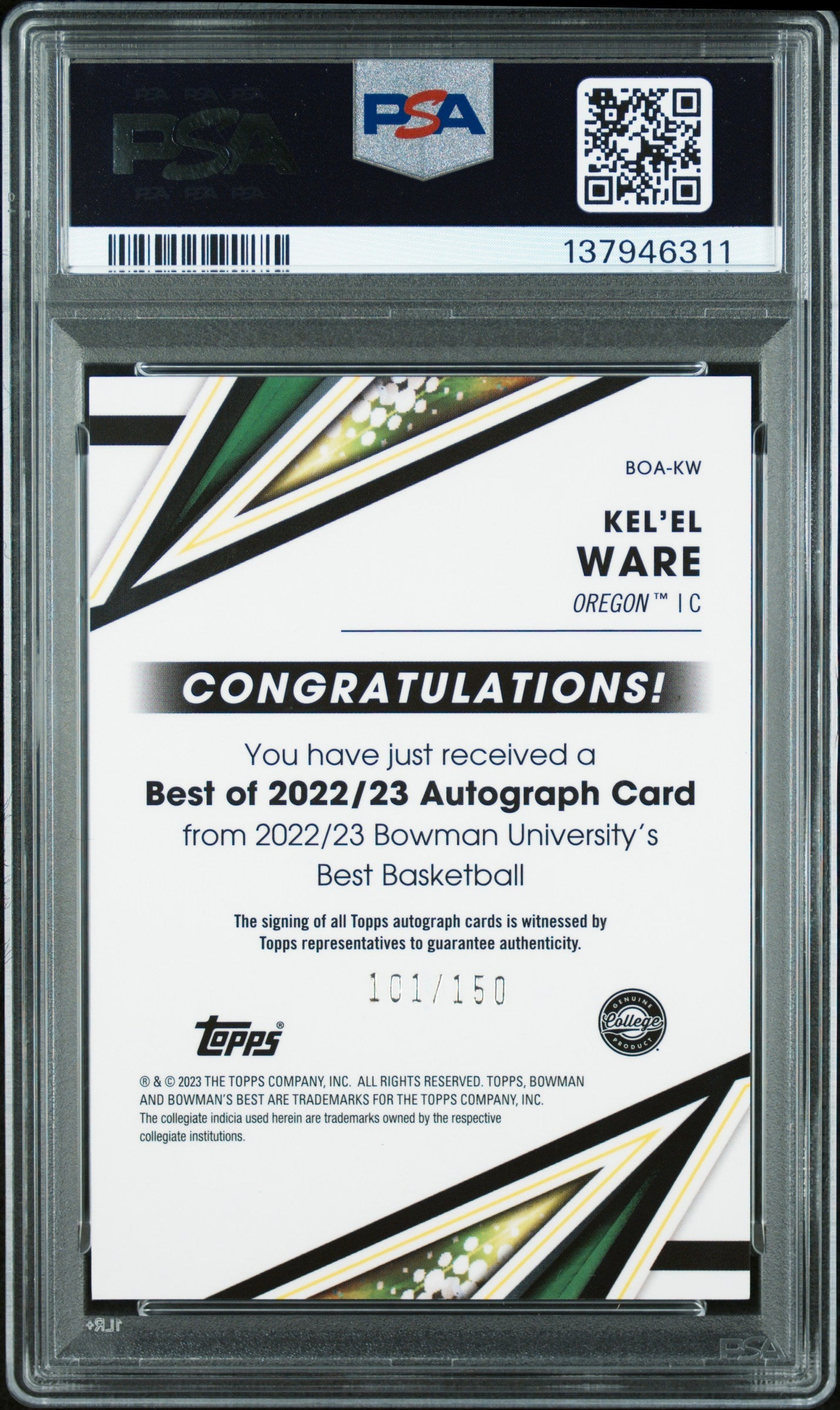 2022 Bowman University Best Best Of 2022 Auto Kel’el Ware Blue Ref PSA 9 Oregon - Graded Sports Cards