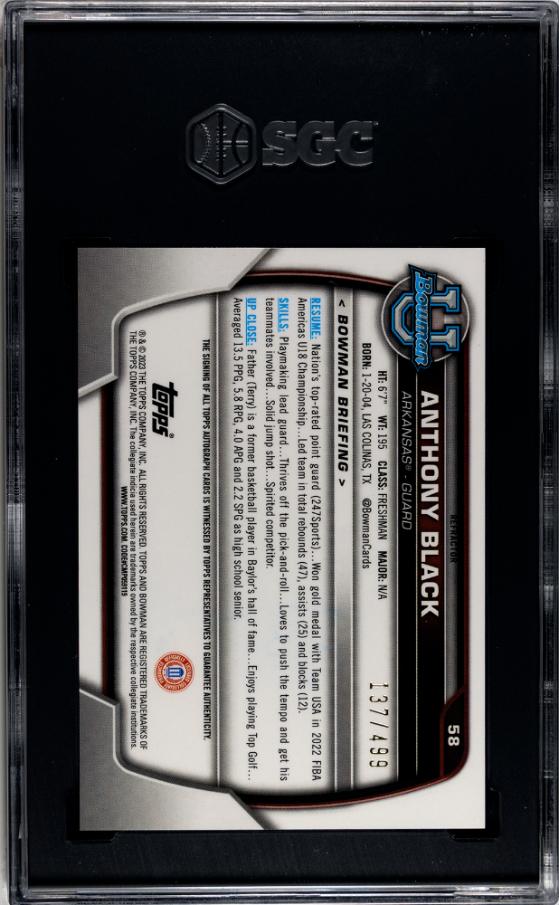 2022 Bowman University Chrome Anthony Black Auto Refractor /499 SGC 10 GEM MINT - Graded Sports Cards