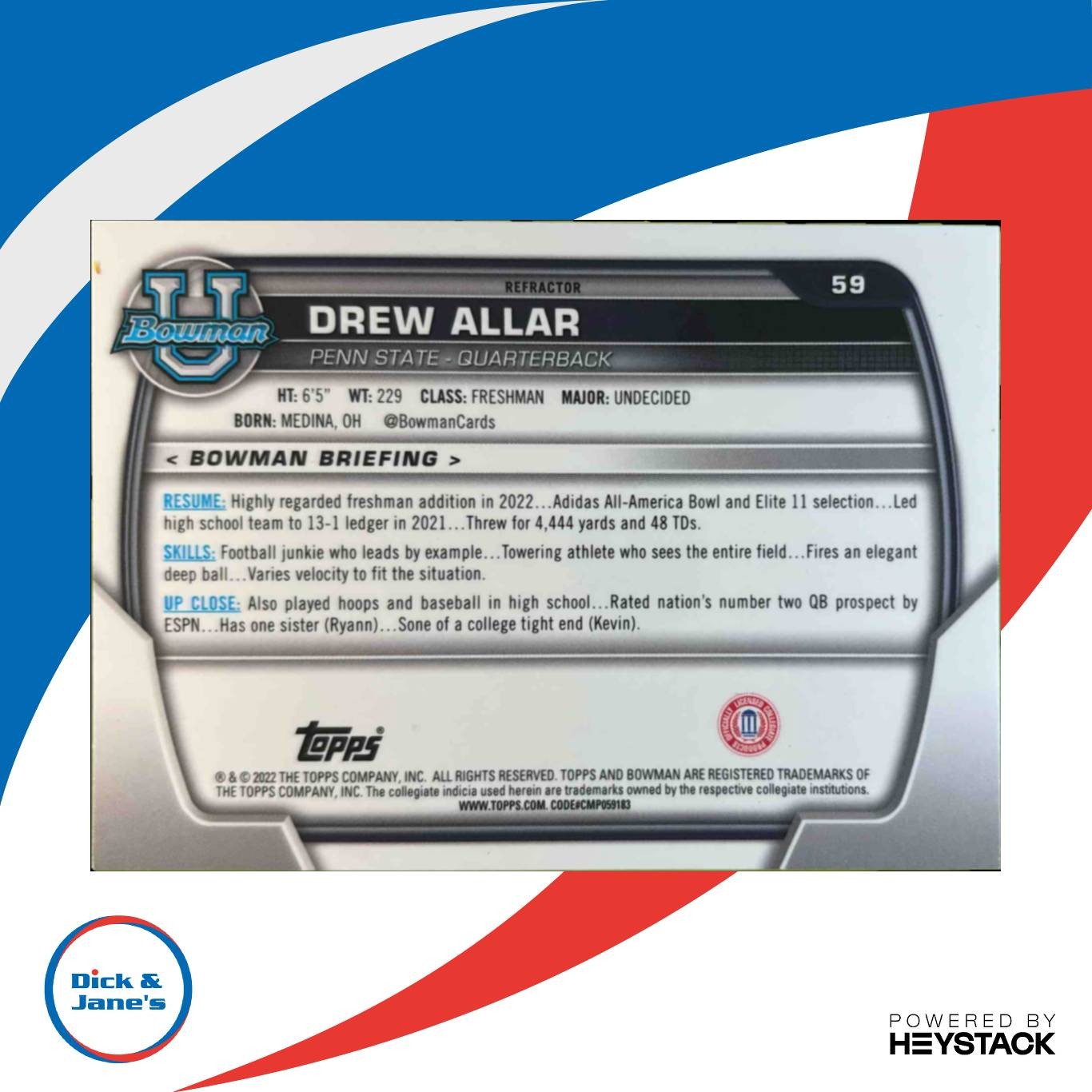 2022 Bowman University Chrome Drew Allar Refractor #59 Penn State Nittany Lions - Sports Cards
