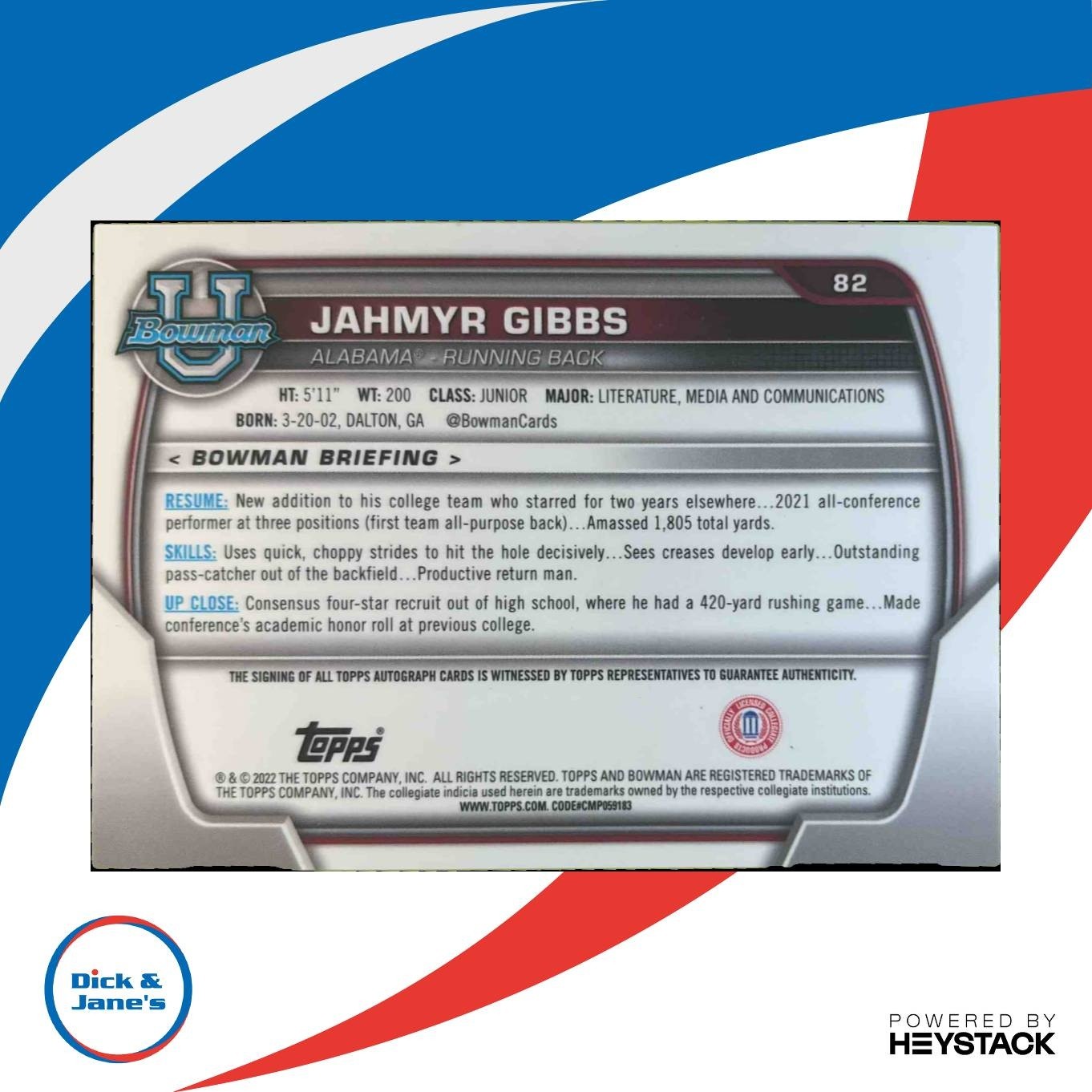 2022 Bowman University Chrome Jahmyr Gibbs Prospect Auto #82 RC Crimson Tide - Sports Cards