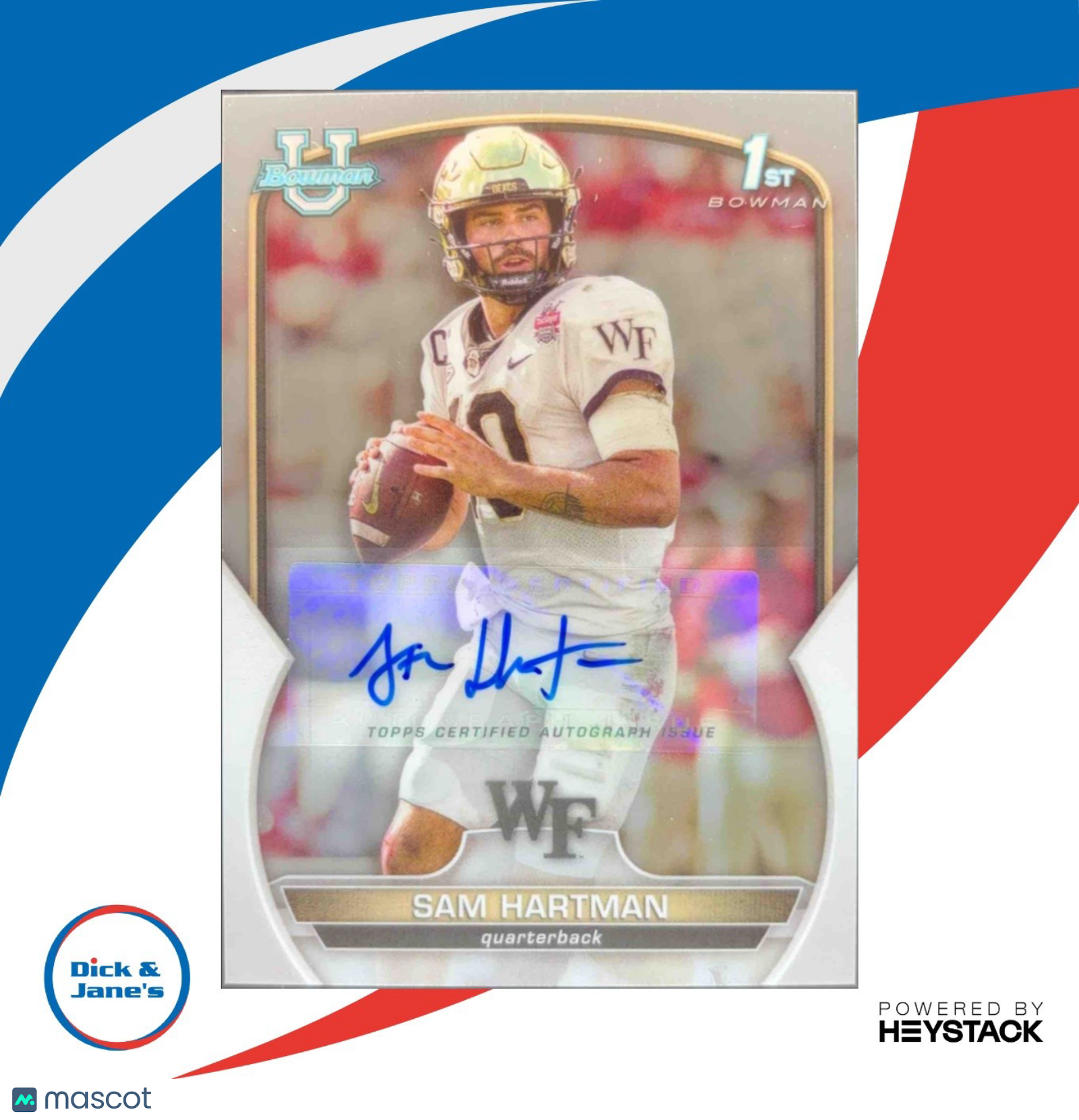 2022 Bowman University Chrome Sam Hartman Prospect Auto #51 - Sports Cards