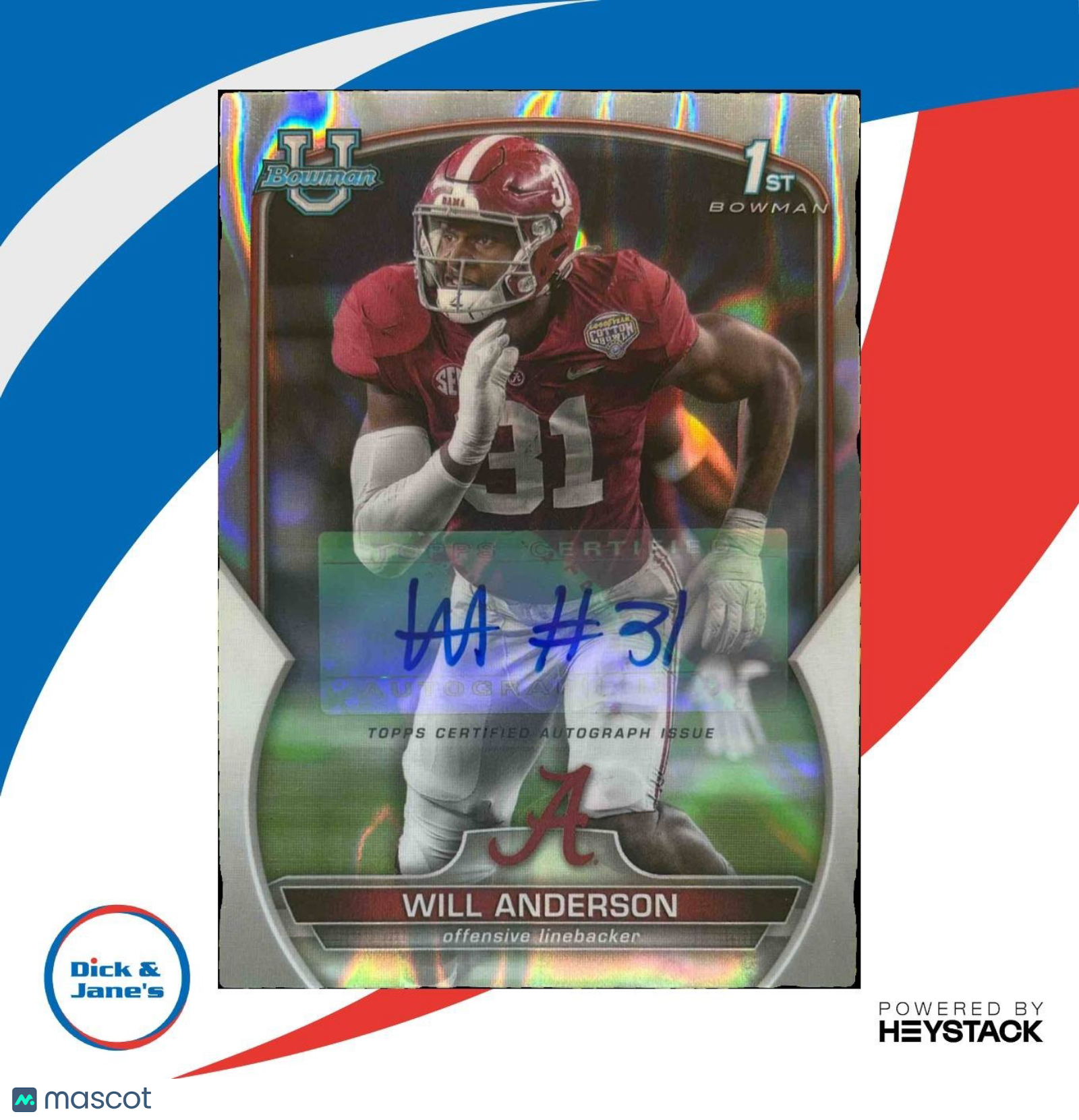 2022 Bowman University Chrome Will Anderson Prospect Auto Lava /199 Crimson Tide - Sports Cards