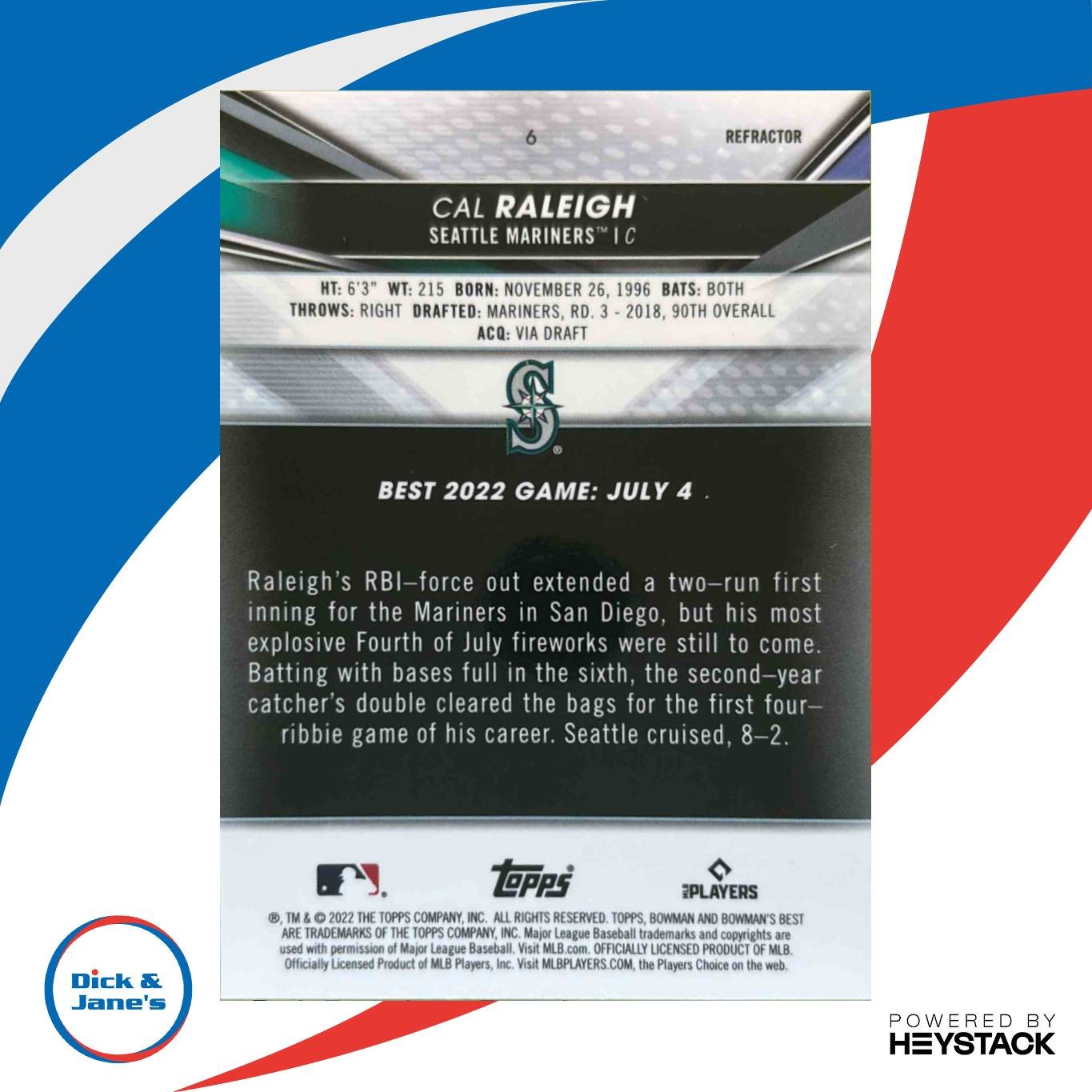 2022 Bowman’s Best Cal Raleigh Refractor #6 RC Seattle Mariners - Sports Cards