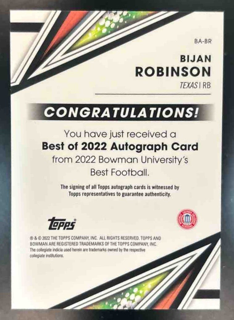 2022 Bowman’s Best University Bijan Robinson Best of 2022 Auto RC Longhorns - Sports Cards