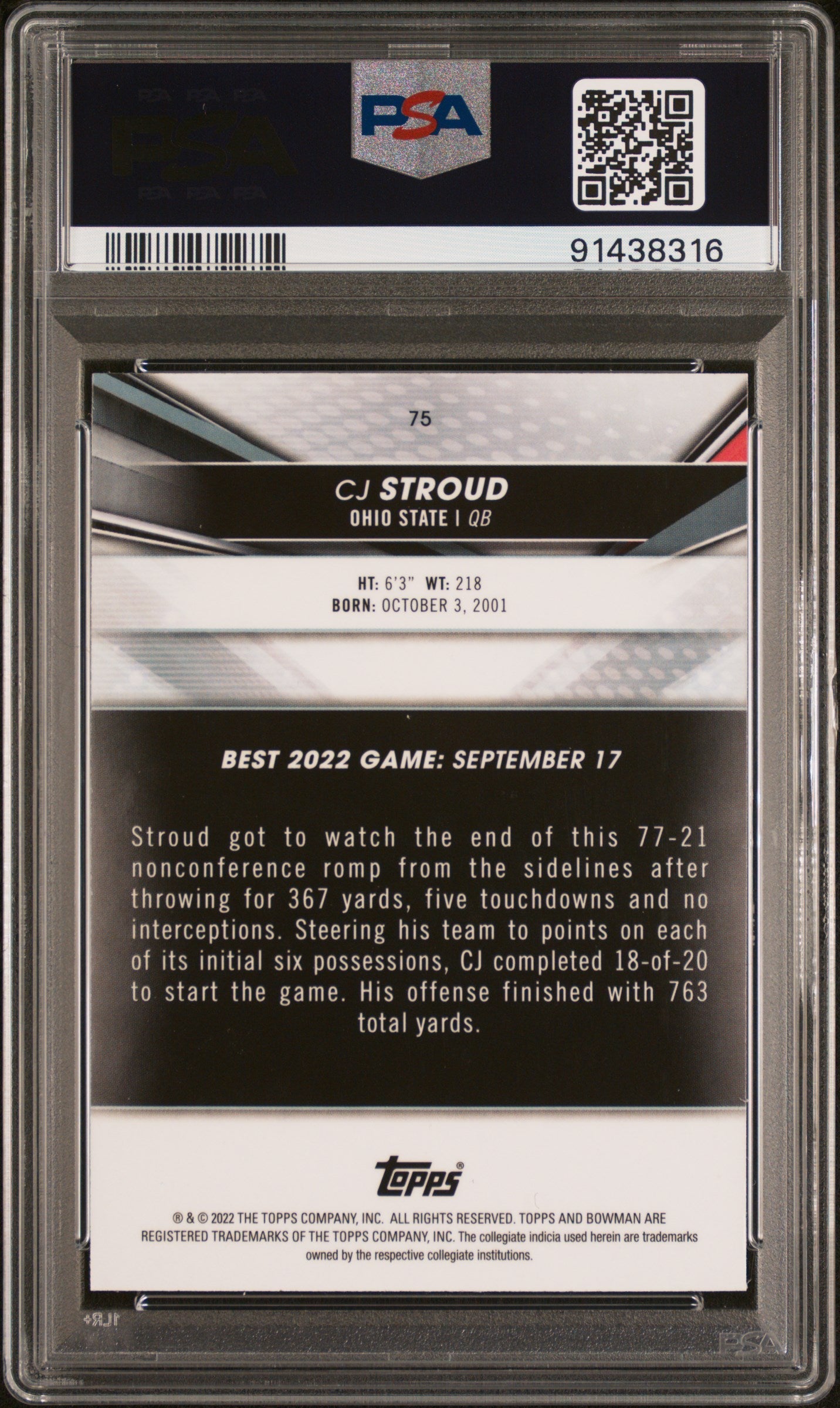 2022 Bowman’s Best University CJ Stroud #75 PSA 10 - Graded Sports Cards