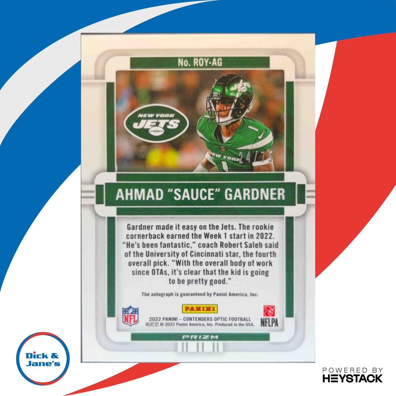 2022 Contenders Optic Ahmad Sauce Gardner Rookie of the Year 24/75 Auto RC Jets - Sports Cards