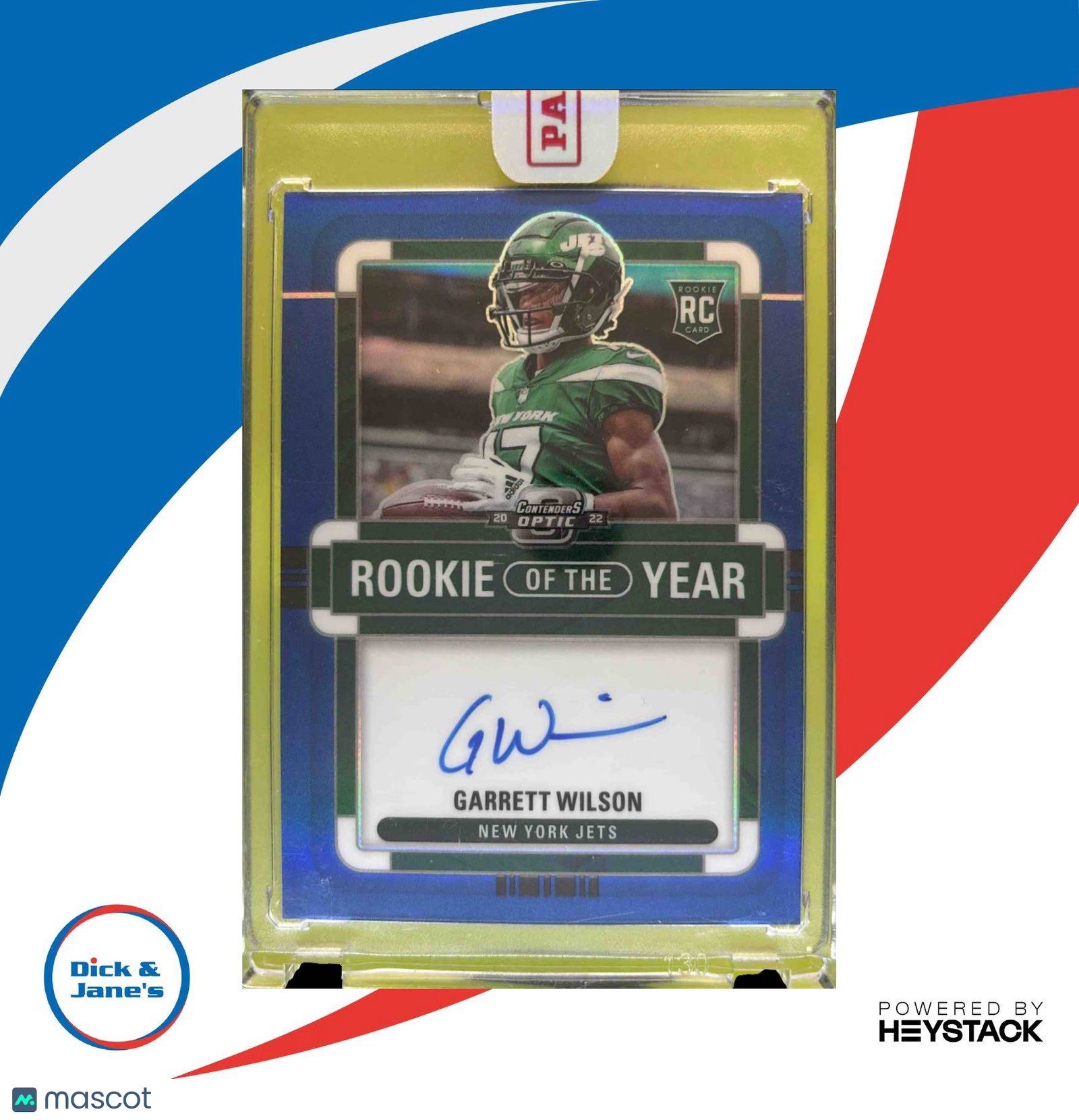 2022 Contenders Optic Garrett Wilson Rookie of the Year Blue /50 Auto RC Jets - Sports Cards