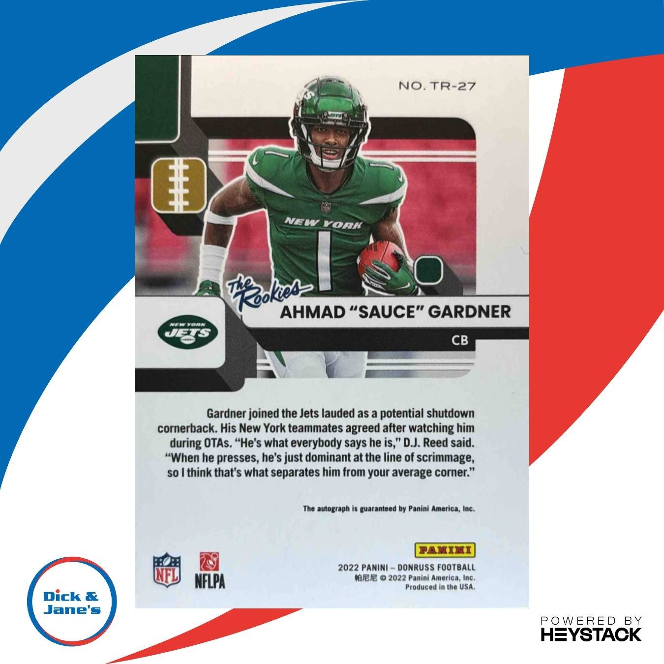 2022 Donruss Ahmad ’Sauce’ Gardner The Rookies Auto /199 #TR-27 RC New York Jets - Sports Cards