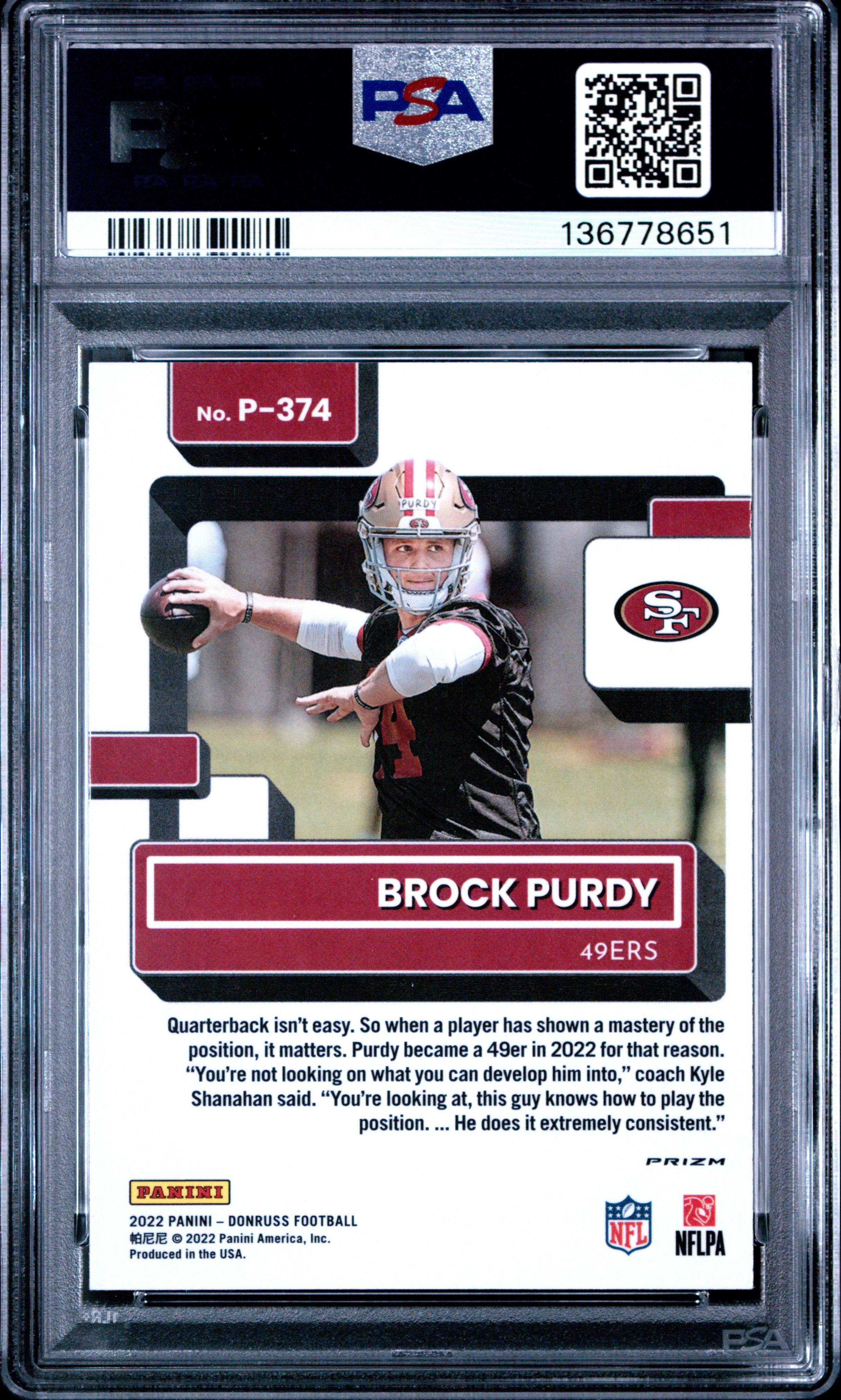 2022 Donruss Brock Purdy Optic Preview Red & Green Rookie #P374 PSA 9 MINT 49ers - Graded Sports Cards