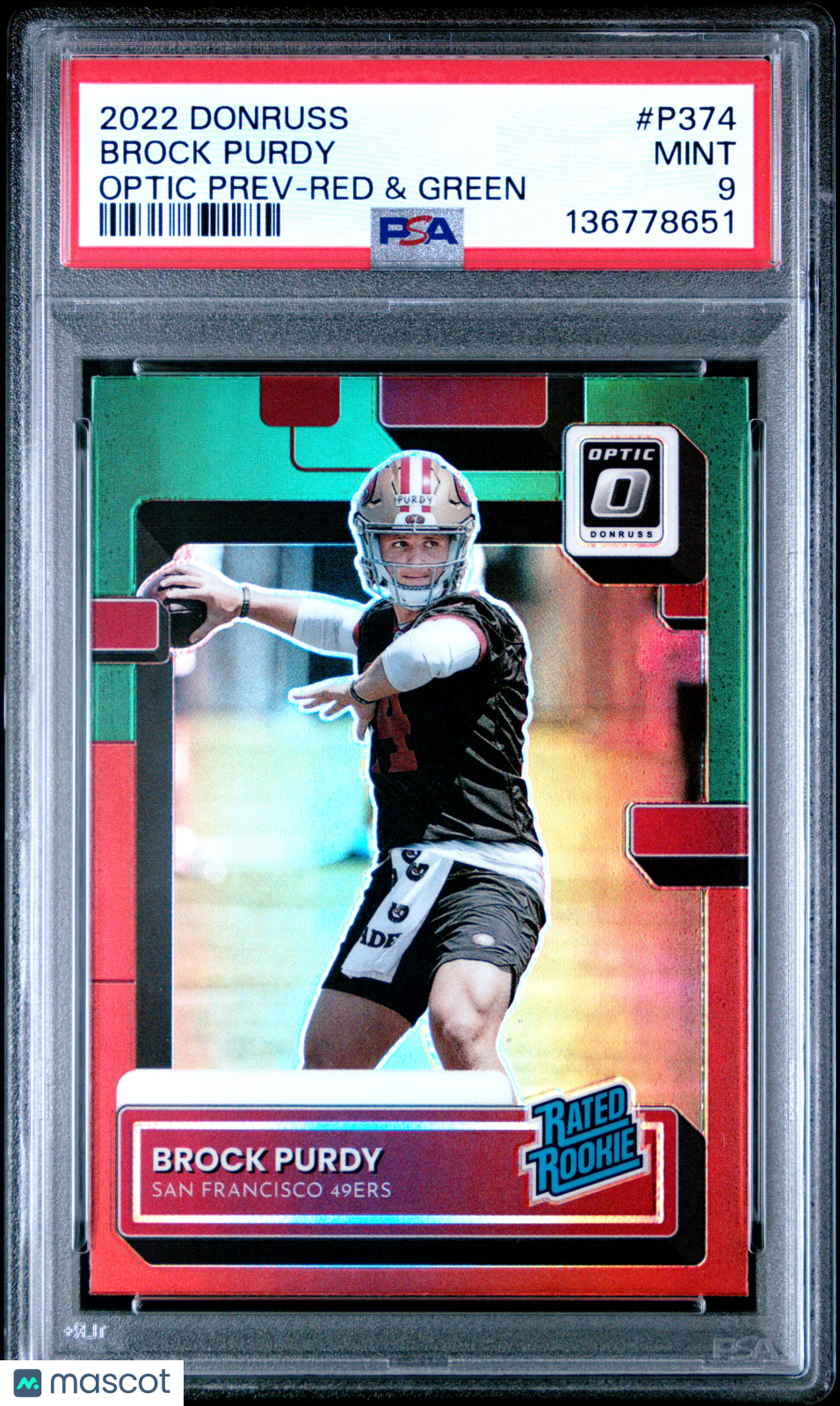 2022 Donruss Brock Purdy Optic Preview Red & Green Rookie #P374 PSA 9 MINT 49ers - Graded Sports Cards