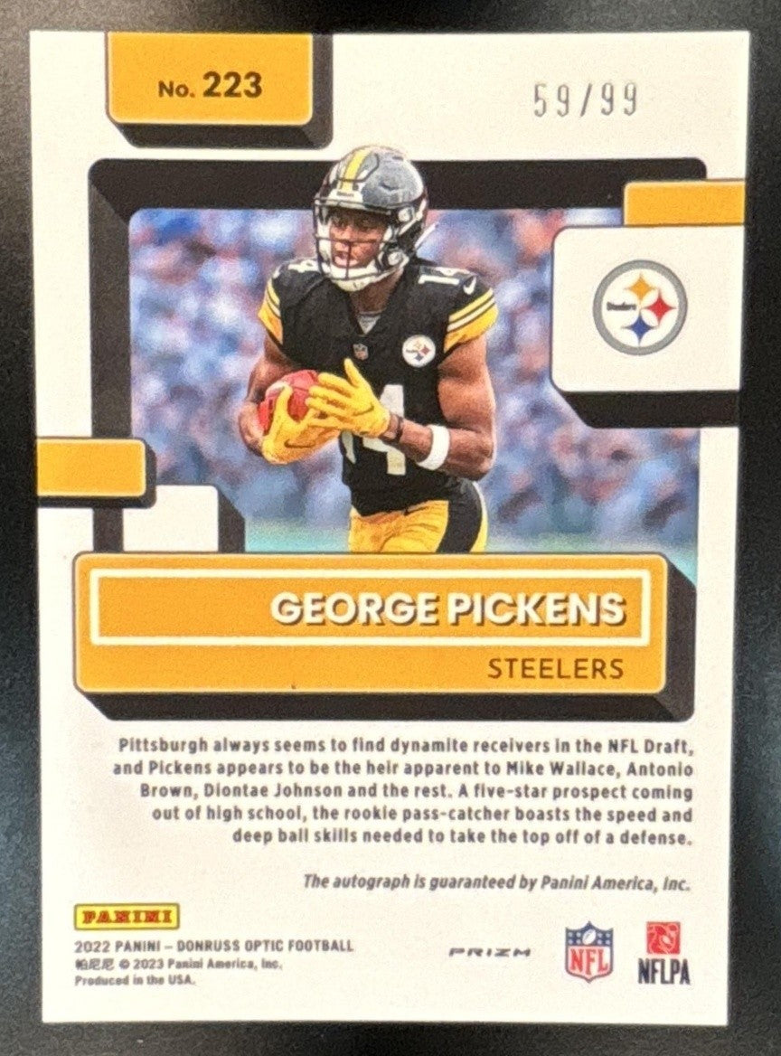2022 Donruss Optic George Pickens RPS Auto Blue /99 #223 RC Pittsburgh Steelers - Sports Cards