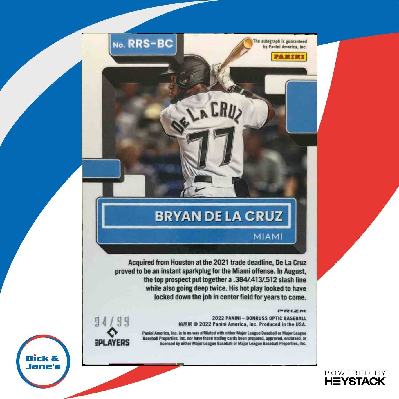 2022 i Donruss Optic Bryan De La Cruz Signatures Blue /99 Auto RC Miami Marlins - Sports Cards