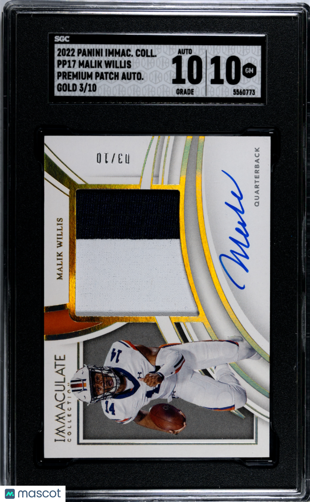 2022 Immaculate Collection Malik Willis Patch Autograph Gold /10 SGC 10 GEM MINT - Graded Sports Cards