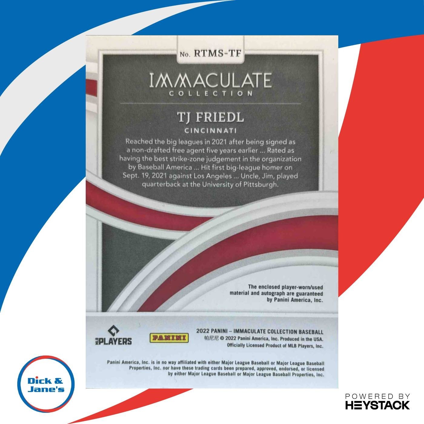 2022 Immaculate TJ Friedl Rookie Triple Patch Auto Silver /25 RC Reds - Sports Cards