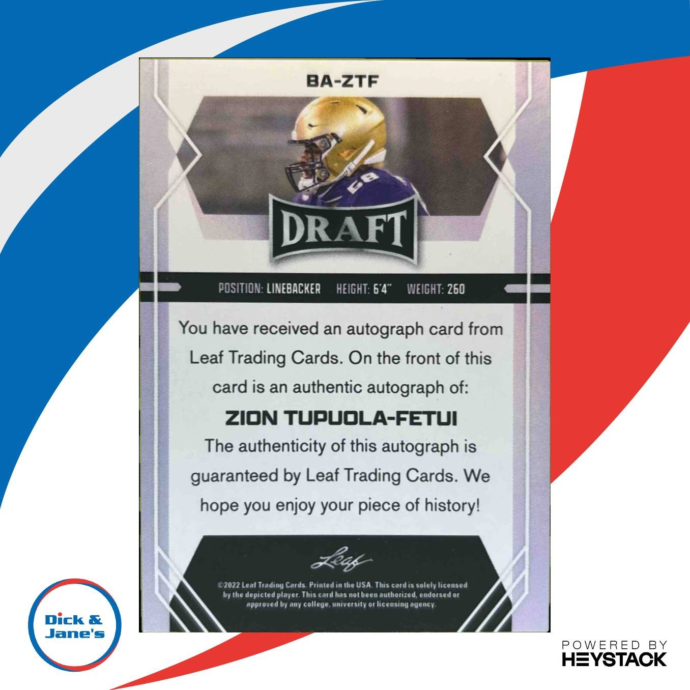 2022 Leaf Draft Zion Tupuola-Fetui Auto #BA-ZTF Washington Huskies - Sports Cards
