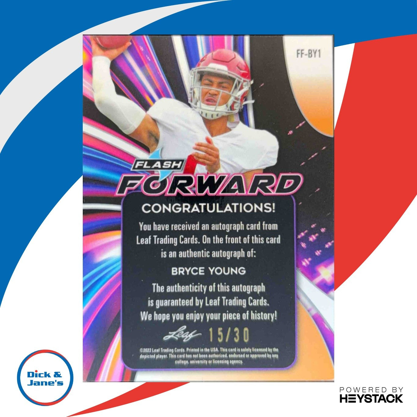2022 Leaf Flash Bryce Young Forward Auto Kaleidoscope Silver 15/30 RC Alabama - Sports Cards