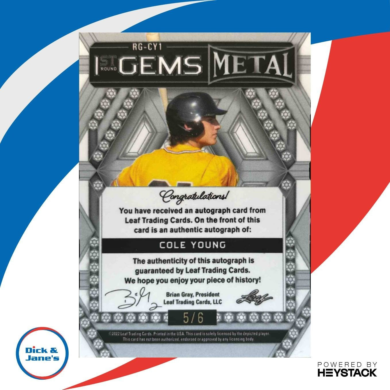 2022 Leaf Metal Cole Young 1st Prospect Round Gems Auto Purple Wave /6 #RG-CY1 - Sports Cards