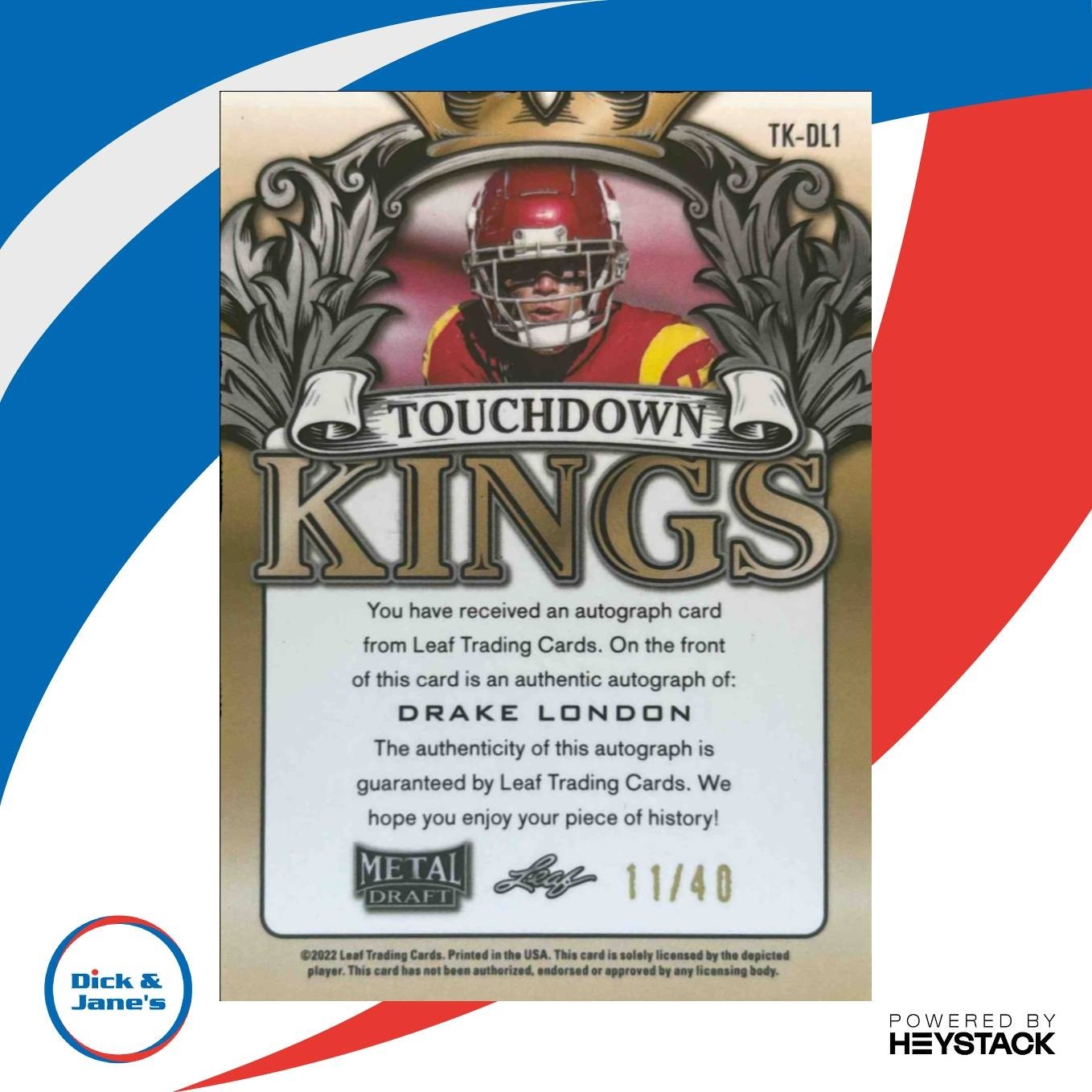 2022 Leaf Metal Draft Drake London Touchdown Kings Auto Prismatic Silver /40 RC - Sports Cards