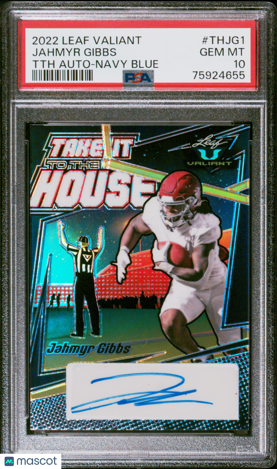 2022 Leaf Valiant Take It To The House Auto Jahmyr Gibbs Navy Blue/20 PSA 10 GEM - Graded Sports Cards