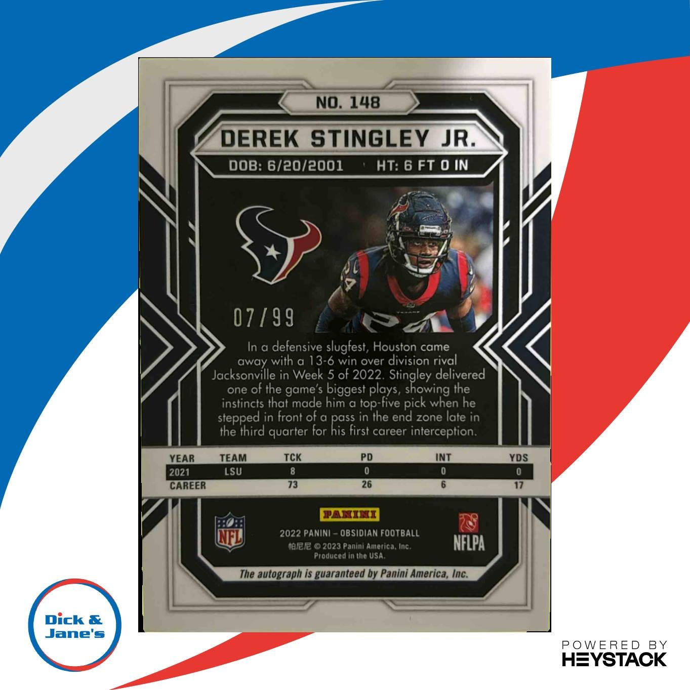 2022 Obsidian Derek Stingley Jr. Rookie Autos Electric Etch Orange 7/99 Texans - Sports Cards