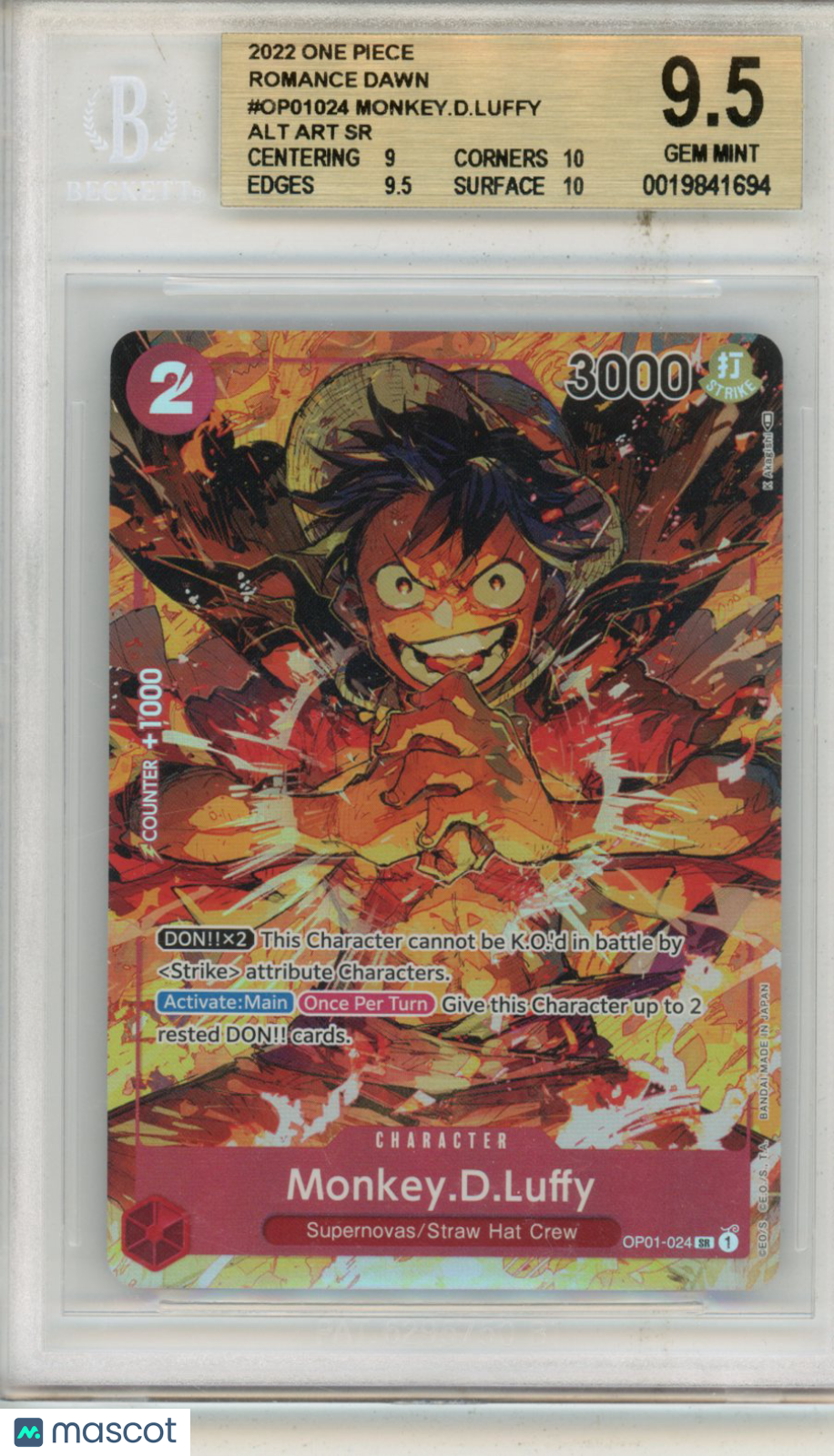 2022 One Piece Card Game Romance Dawn Monkey.D.Luffy ALT ART SR #OP01024 BGS 9.5 - Graded TCG/CCG