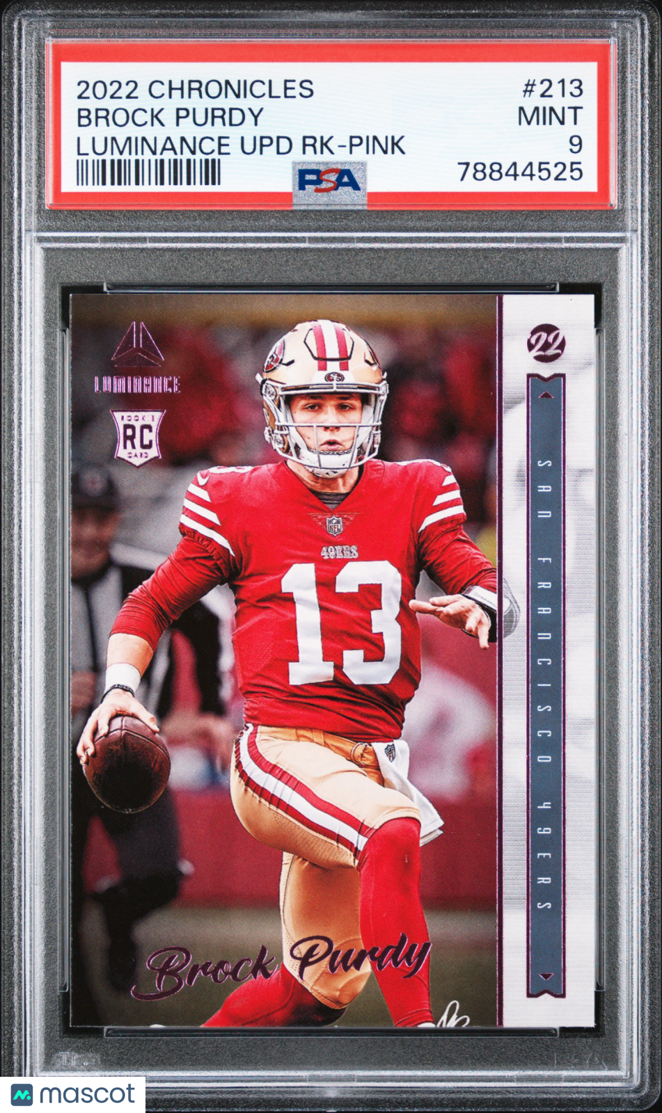 2022 Panini Chronicles Luminance Update Rookies Brock Purdy RK Pink PSA 9 MINT - Graded Sports Cards