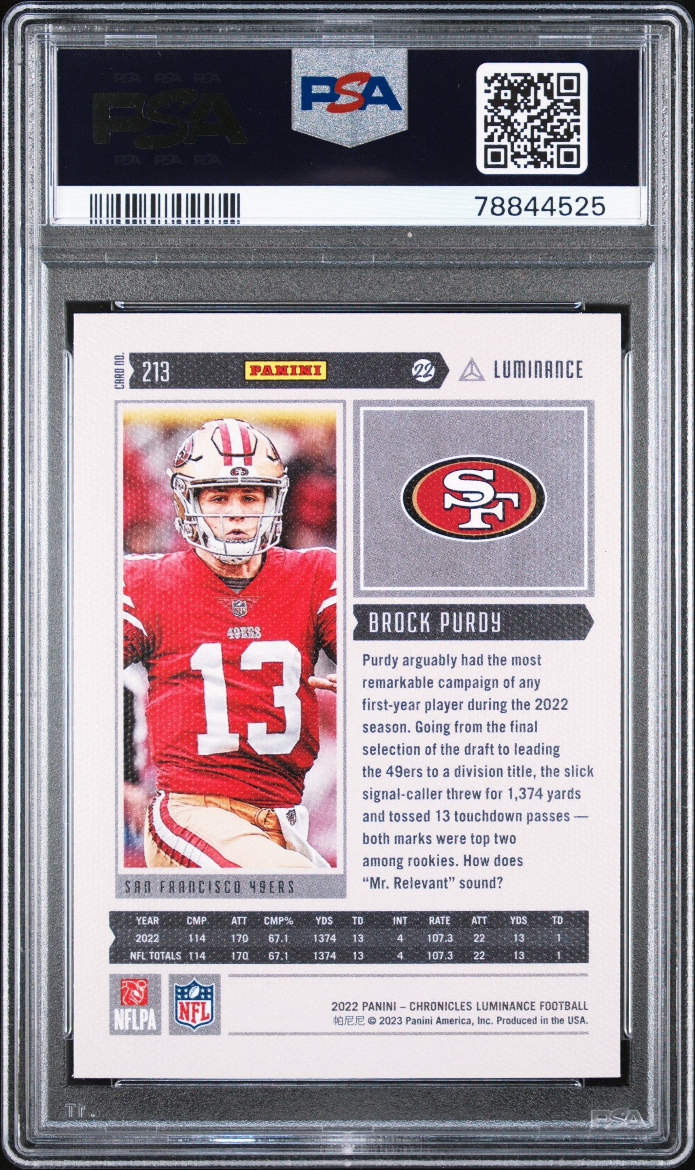 2022 Panini Chronicles Luminance Update Rookies Brock Purdy RK Pink PSA 9 MINT - Graded Sports Cards