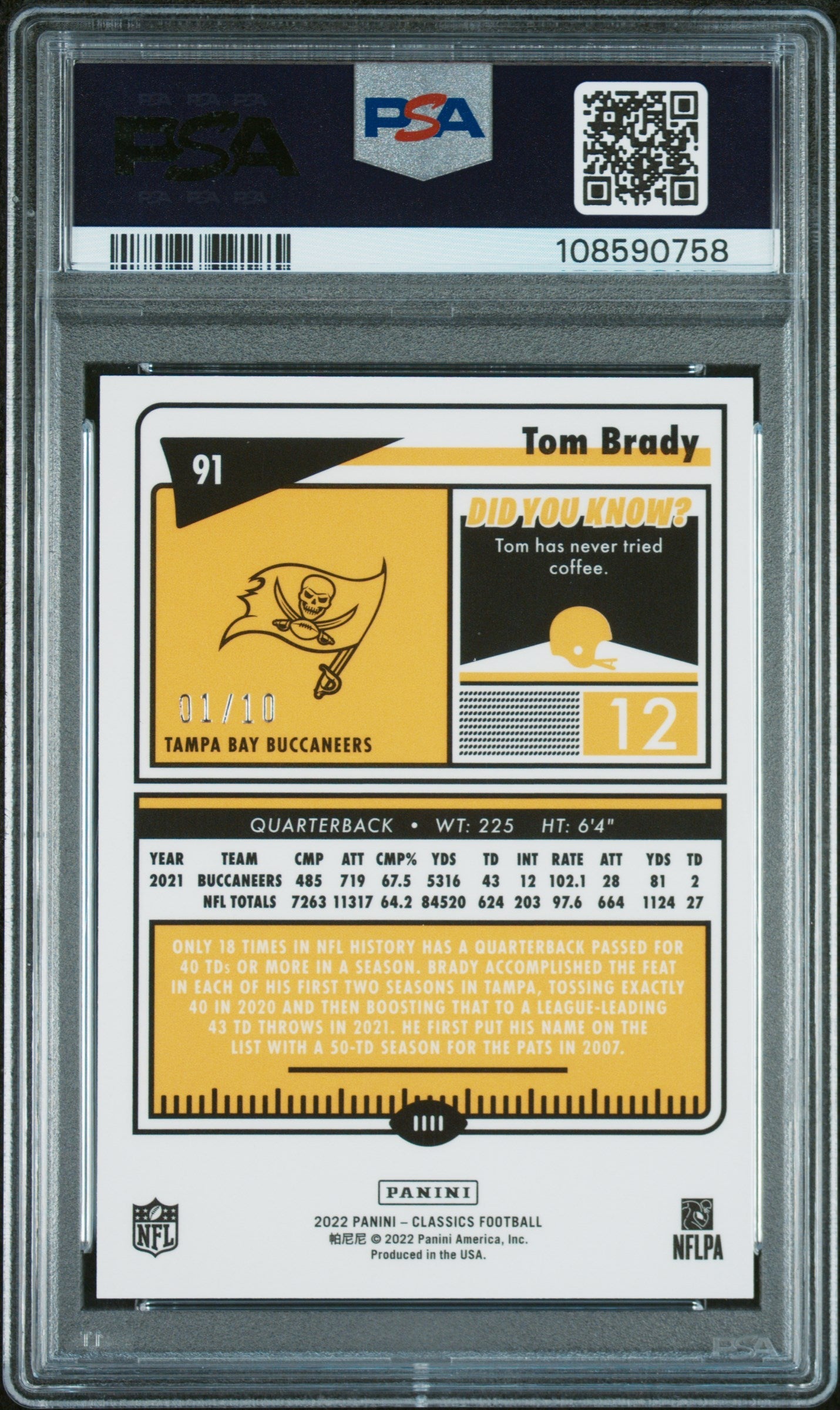 2022 Panini Classics Tom Brady Prem. Ed. TML. Trib. H2 Orange #91 PSA 10 - Graded Sports Cards