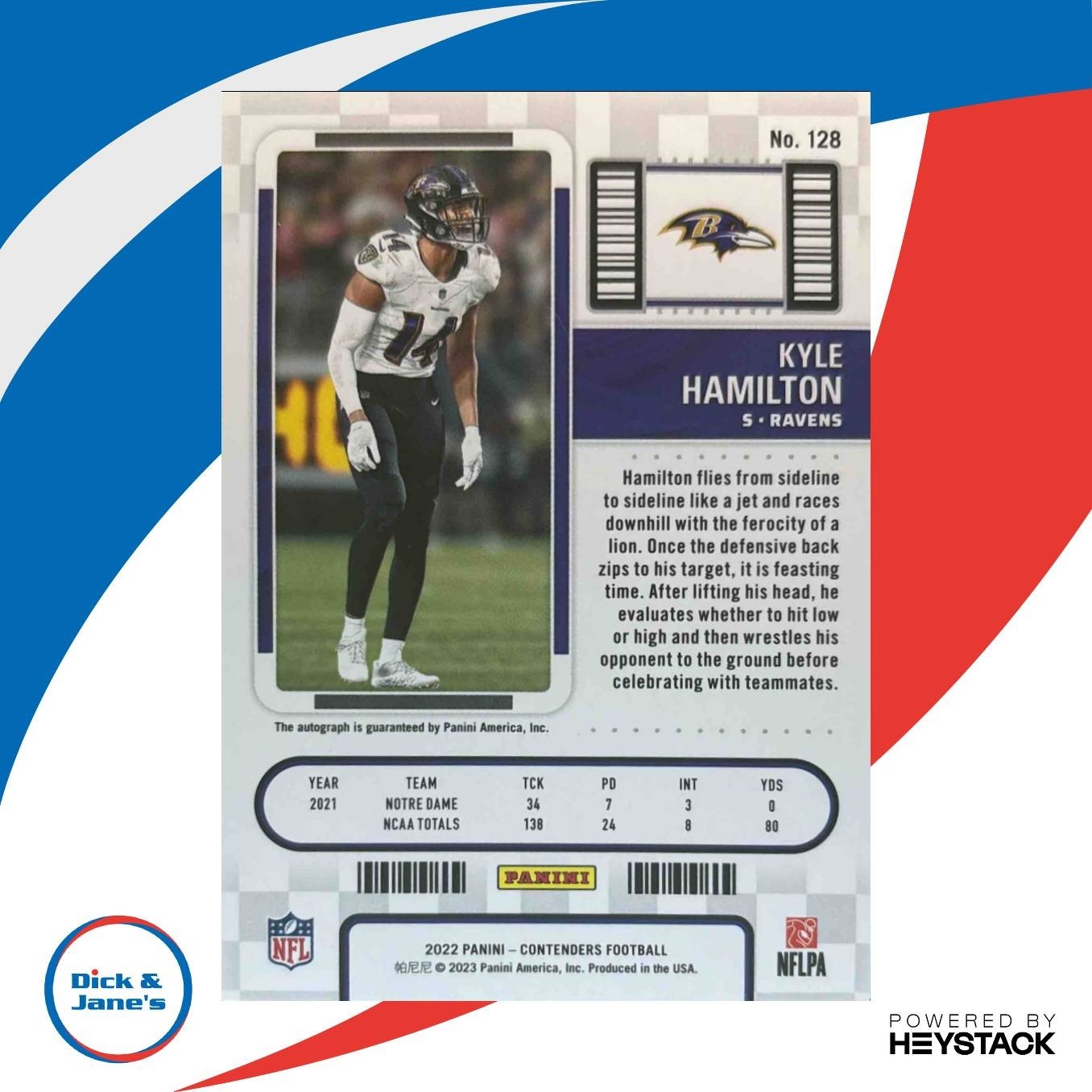 2022 Panini Contenders Kyle Hamilton Championship Ticket /49 #128 RC Auto Ravens - Sports Cards