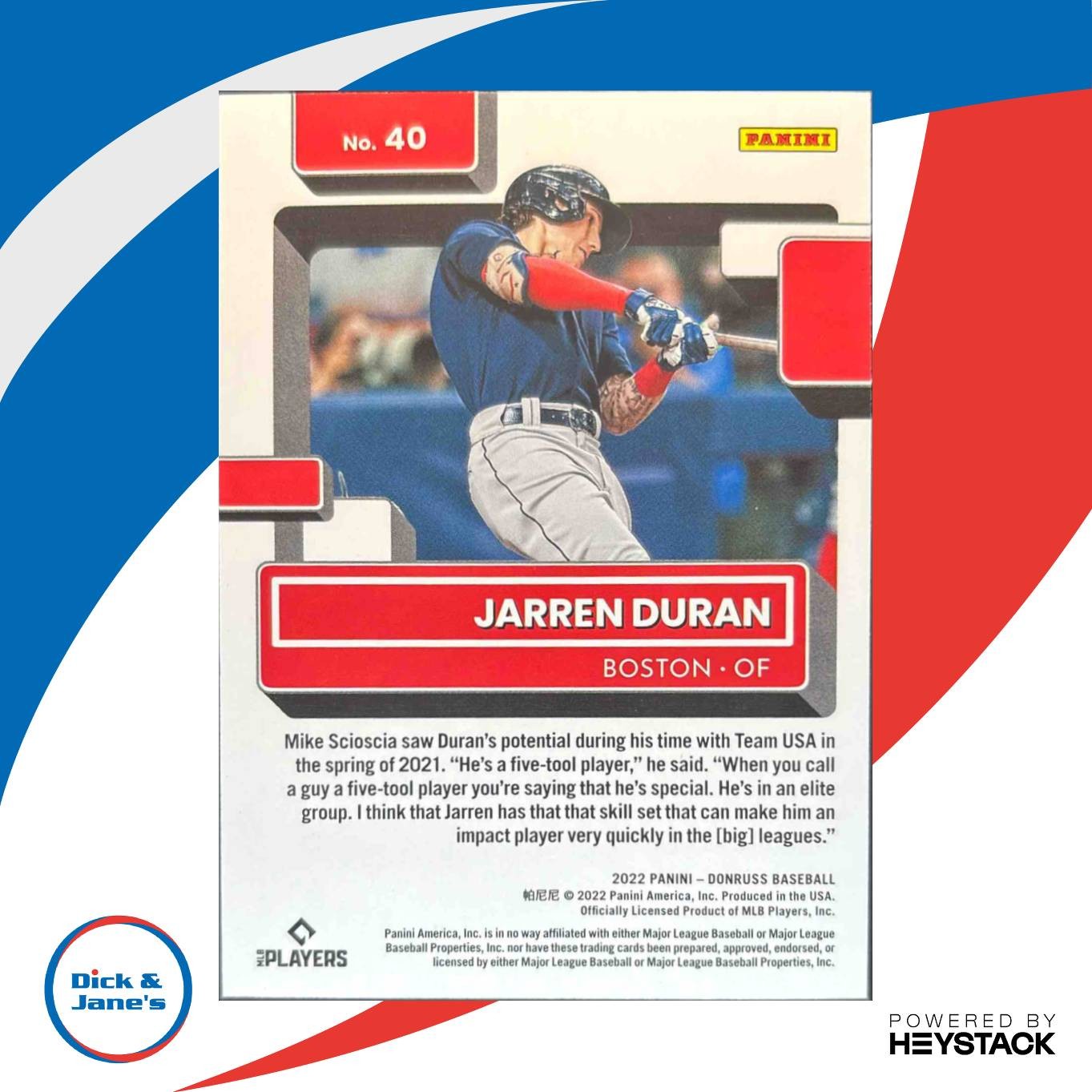 2022 Panini Donruss Jarren Duran Red 1115/2022 #40 RC Rated Rookie Boston Sox - Sports Cards