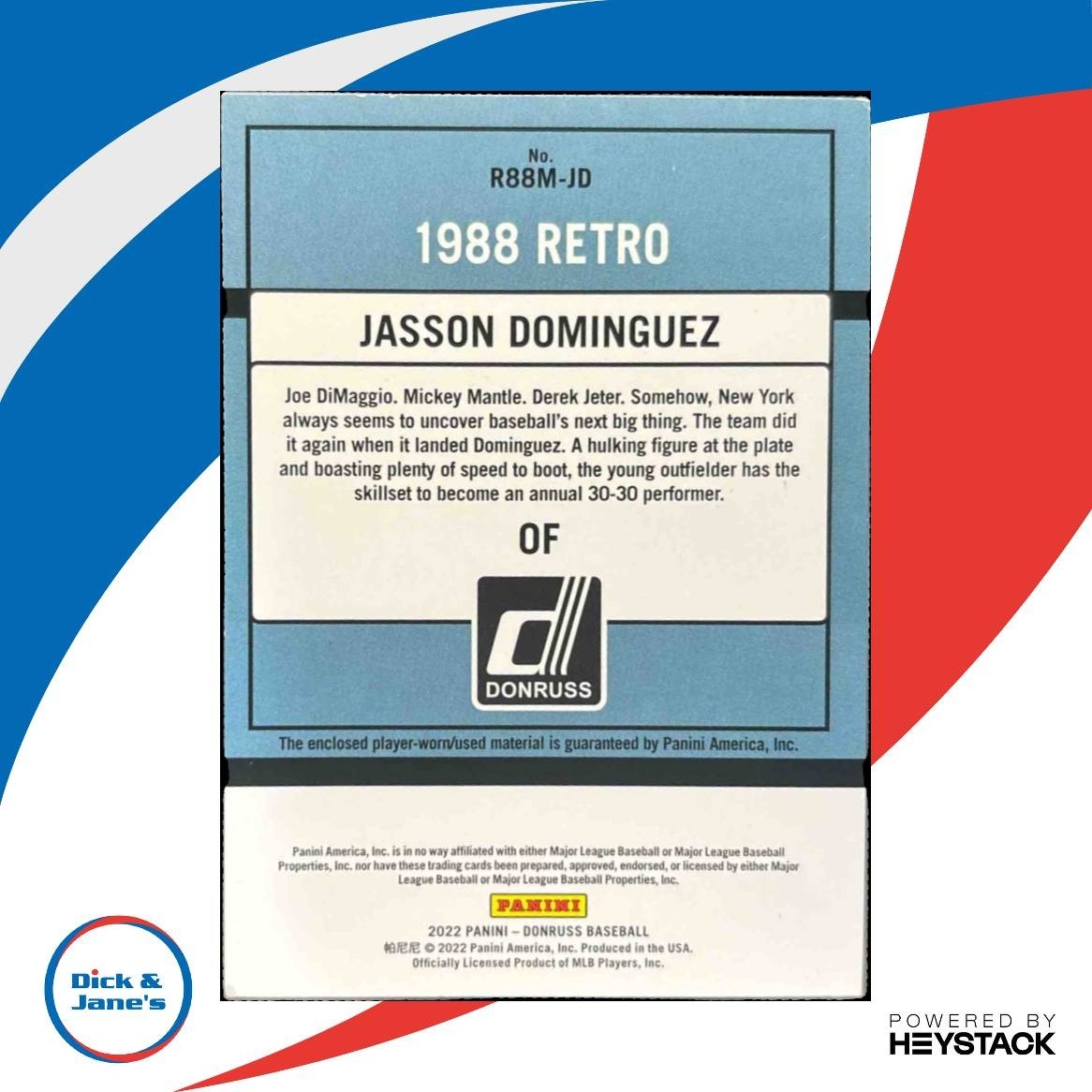 2022 Panini Donruss Jasson Dominguez Retro 1988 Materials MEM New York Yankees - Sports Cards