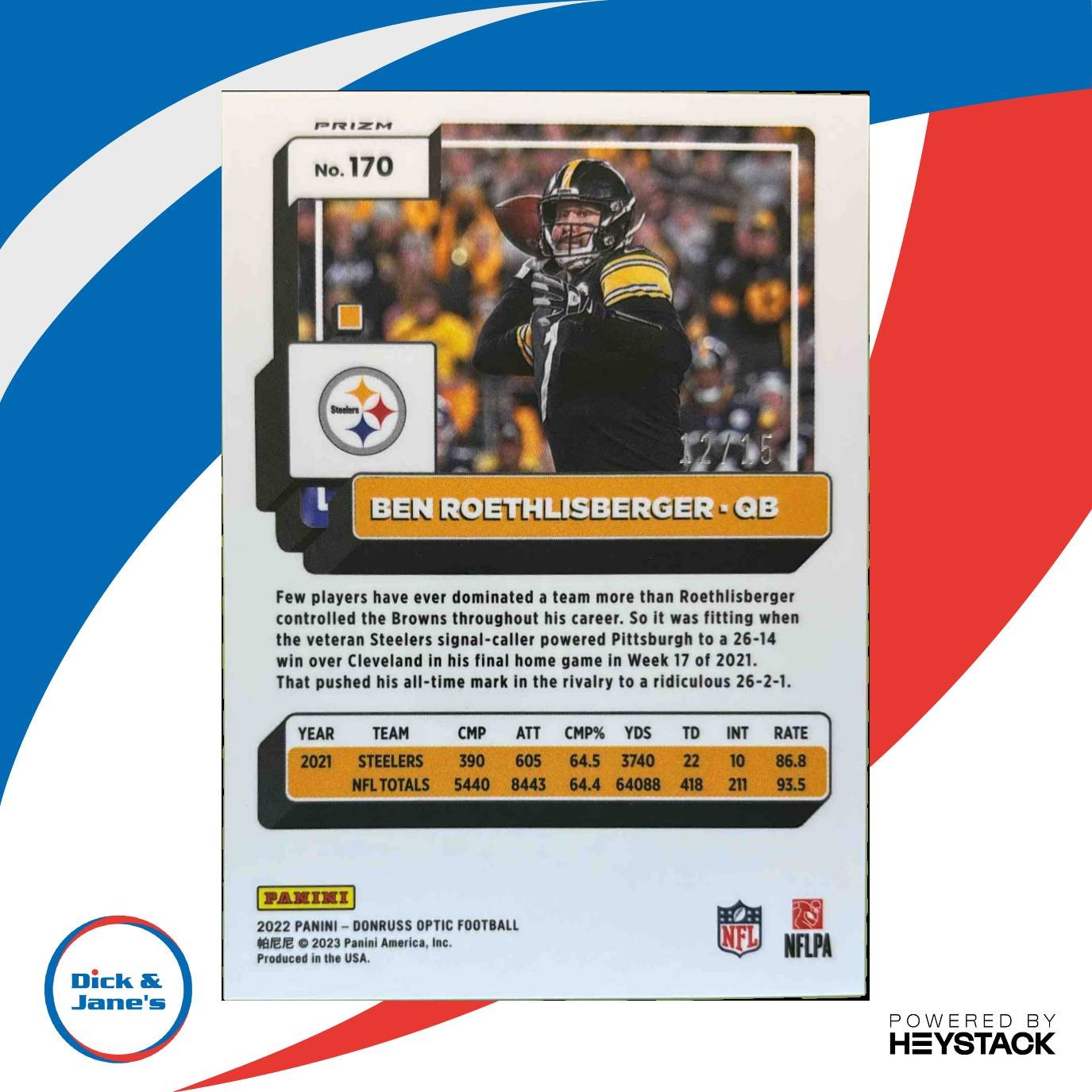 2022 Panini Donruss Optic Ben Roethlisberger Blue Ice 12/15 Pittsburgh Steelers Sports Cards