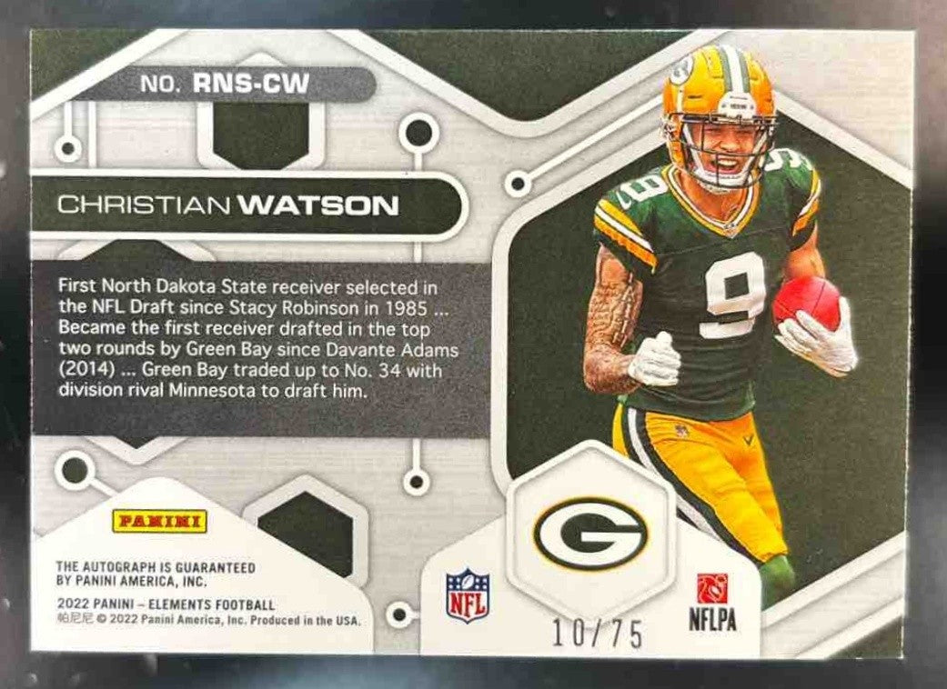 2022 Panini Elements Christian Watson Rookie Neon Signs /75 Auto RC Packers - Sports Cards