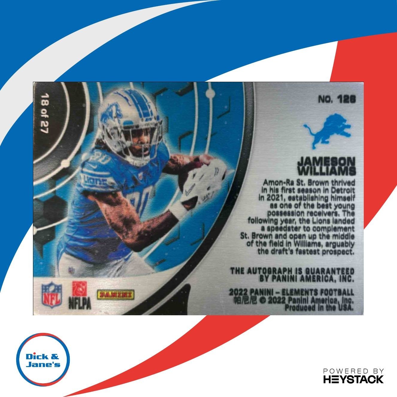 2022 Panini Elements Jameson Williams Cobalt /27 #126 Auto RC Detroit Lions - Sports Cards