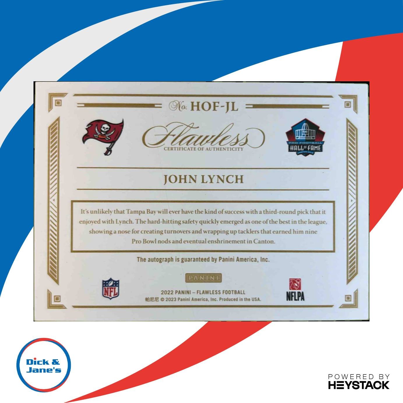 2022 Panini Flawless John Lynch Hall of Fame Auto 12/15 #HOF JL Tampa Bay Sports Cards