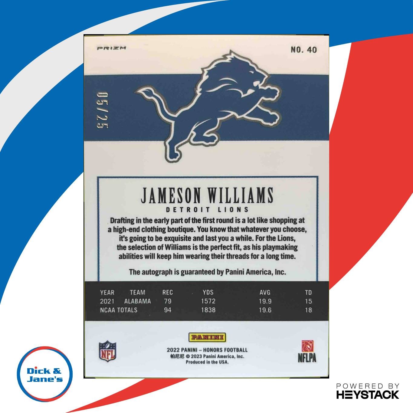 2022 Panini Honors Jameson Williams Signatures 5/25 #40 RC Auto Detroit Lions - Sports Cards