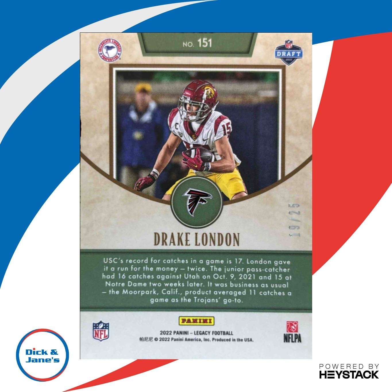 2022 Panini Legacy Drake London Premium Yellow Diamond /25 #151 RC Falcons - Sports Cards