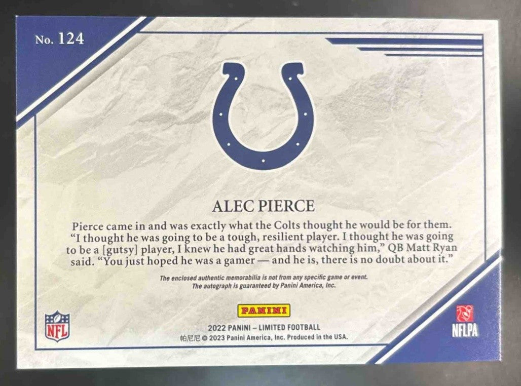 2022 Panini Limited Alec Pierce Patch Auto /99 #124 RC Indianapolis Colts - Sports Cards
