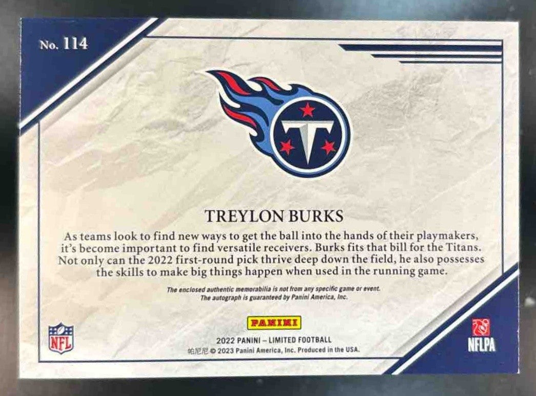 2022 Panini Limited Treylon Burks Patch Auto /199 #114 MEM RC Tennessee Titans - Sports Cards