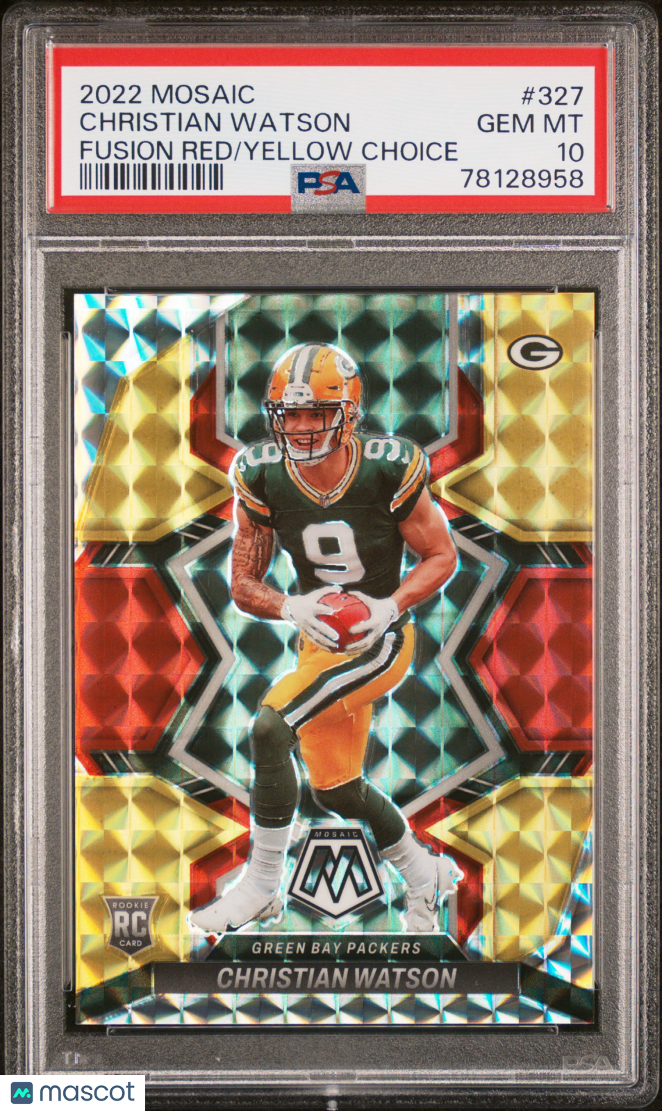 2022 Panini Mosaic Christian Watson Fusion Red Yellow Choice #327 PSA 10 /80 - Graded Sports Cards