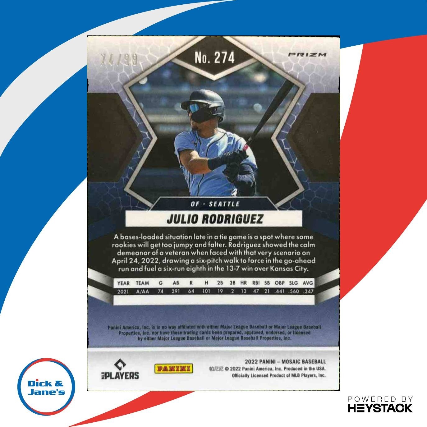 2022 Panini Mosaic Julio Rodriguez Blue 74/99 #274 RC Seattle Mariners - Sports Cards