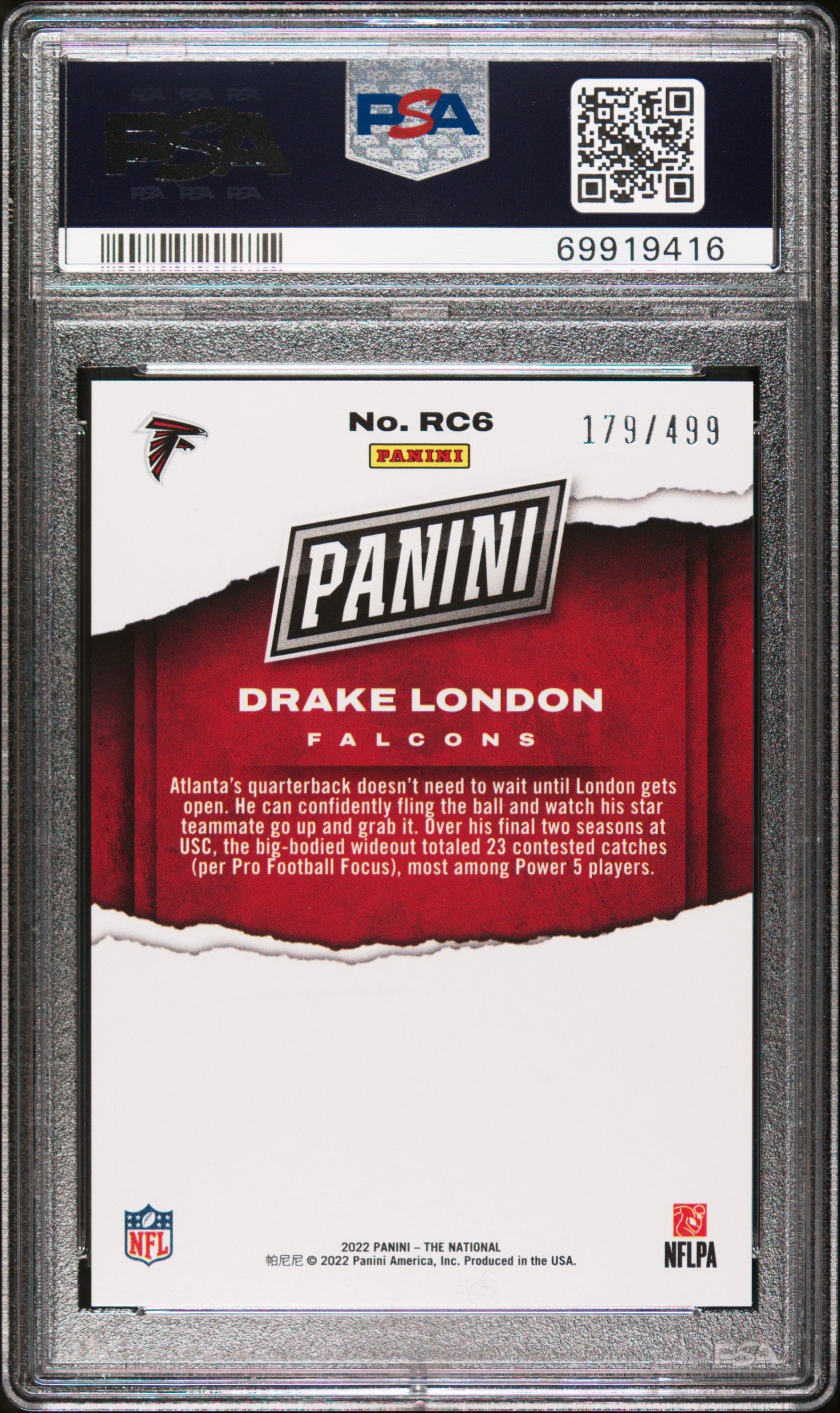 2022 Panini National Rookies Drake London /499 Rookie #RC6 PSA 9 Atlanta Falcons - Graded Sports Cards