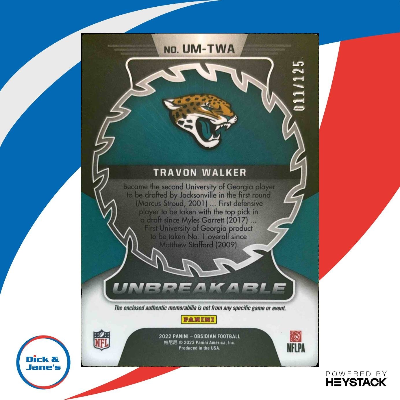 2022 Panini Obsidian Travon Walker Unbreakable Material /125 RC Jaguars - Sports Cards