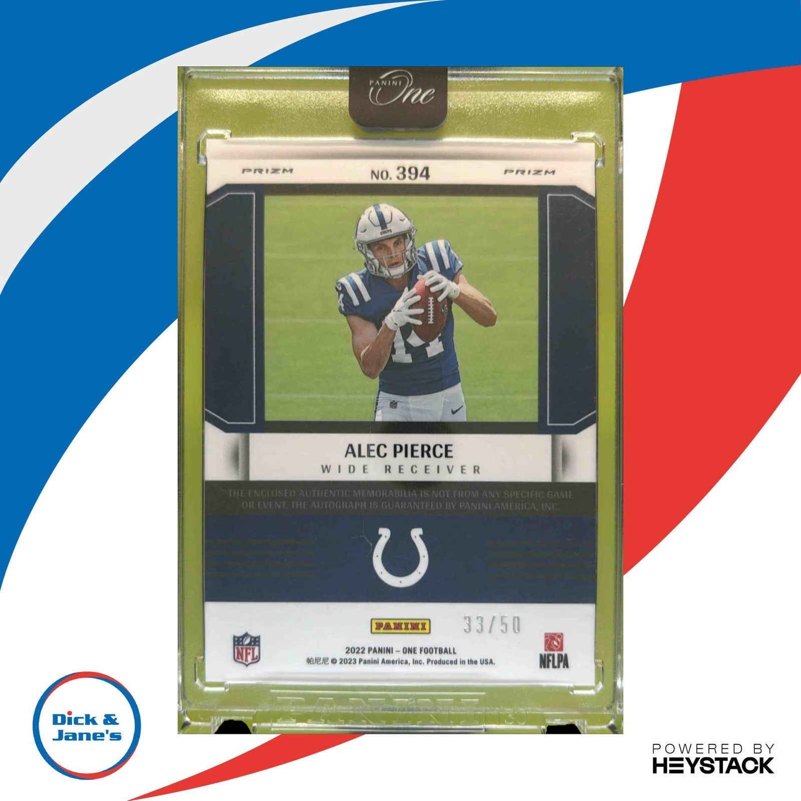 2022 Panini One Alec Pierce 33/50 #394 MEM Auto RC Rookie Fractal Patch Colts - Sports Cards